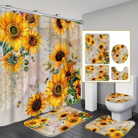 1-4PCS Colorful Sunflower Floral Decorations Shower Curtains Sets - Bathroom Decor Set with Hanging Hooks (12), Non-Slip Mat, U-Shaped Pad, Toilet Lid Cover, Window Treatments (4-Piece Option Available)
