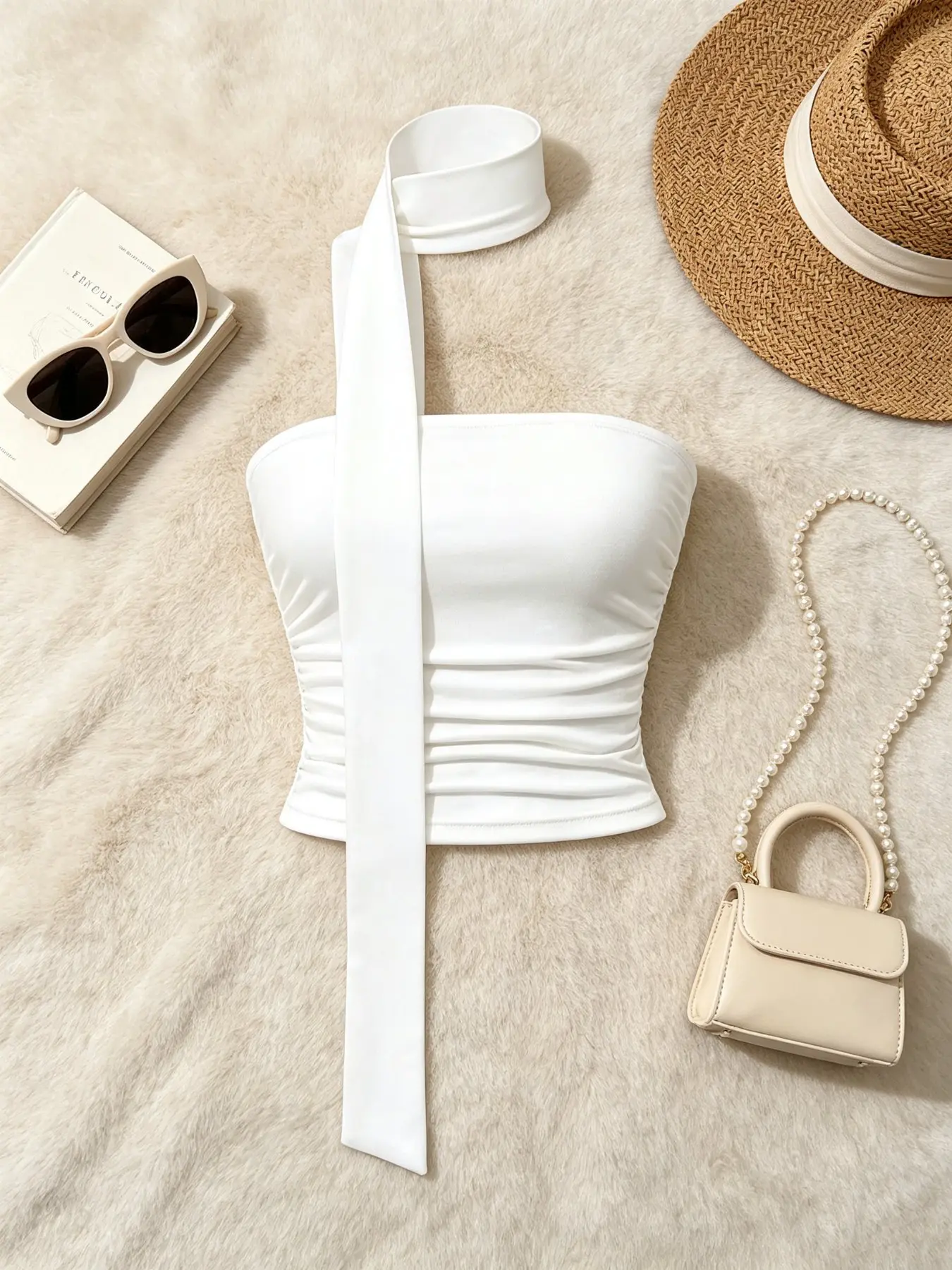 Y2K Style Women's Strapless Crop Top, Long Tie Neck Sleeveless Ruched Short Vest, Slim Fit Party Club Streetwear Tight Top