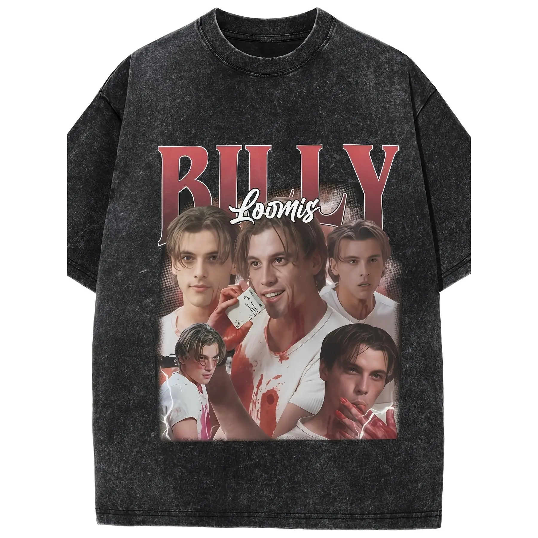 Men's Vintage Acid Washed Knit Fabric T-Shirt - Billy Loomis Scream Horror Collage Blood Print, Distressed Look, Short Sleeve Crew Neck, Regular Fit Slight Stretch Casual Top, Machine Washable TikTok Viral Spring Fall Menswear