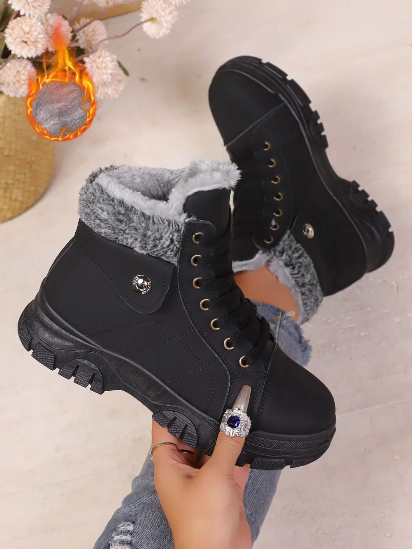 Trendy Ladies Winter High Top Ankle Boots, Soft Fleece Lining, Lace Up Design, Comfortable Rubber Sole, Casual Street Style