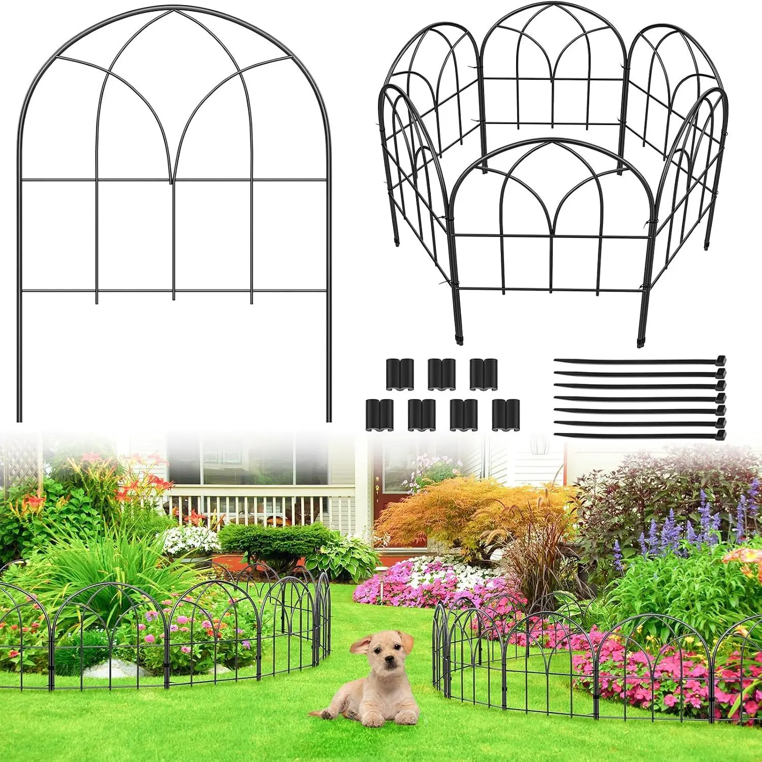 6 Pack Arched Garden Fence, 16.5 in No Dig Black Metal Border | Rustproof recycled material certified to GRS; 6 arched panels form an ornamental border ideal for compact outdoor spaces.