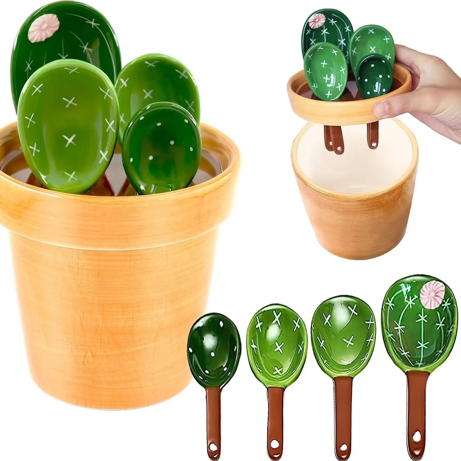 Cactus Measuring Cups Set, 4-Piece Ceramic Measuring Cups and Spoons, Kitchen Cactus Spoon with Stand, Baking Decorative Gift