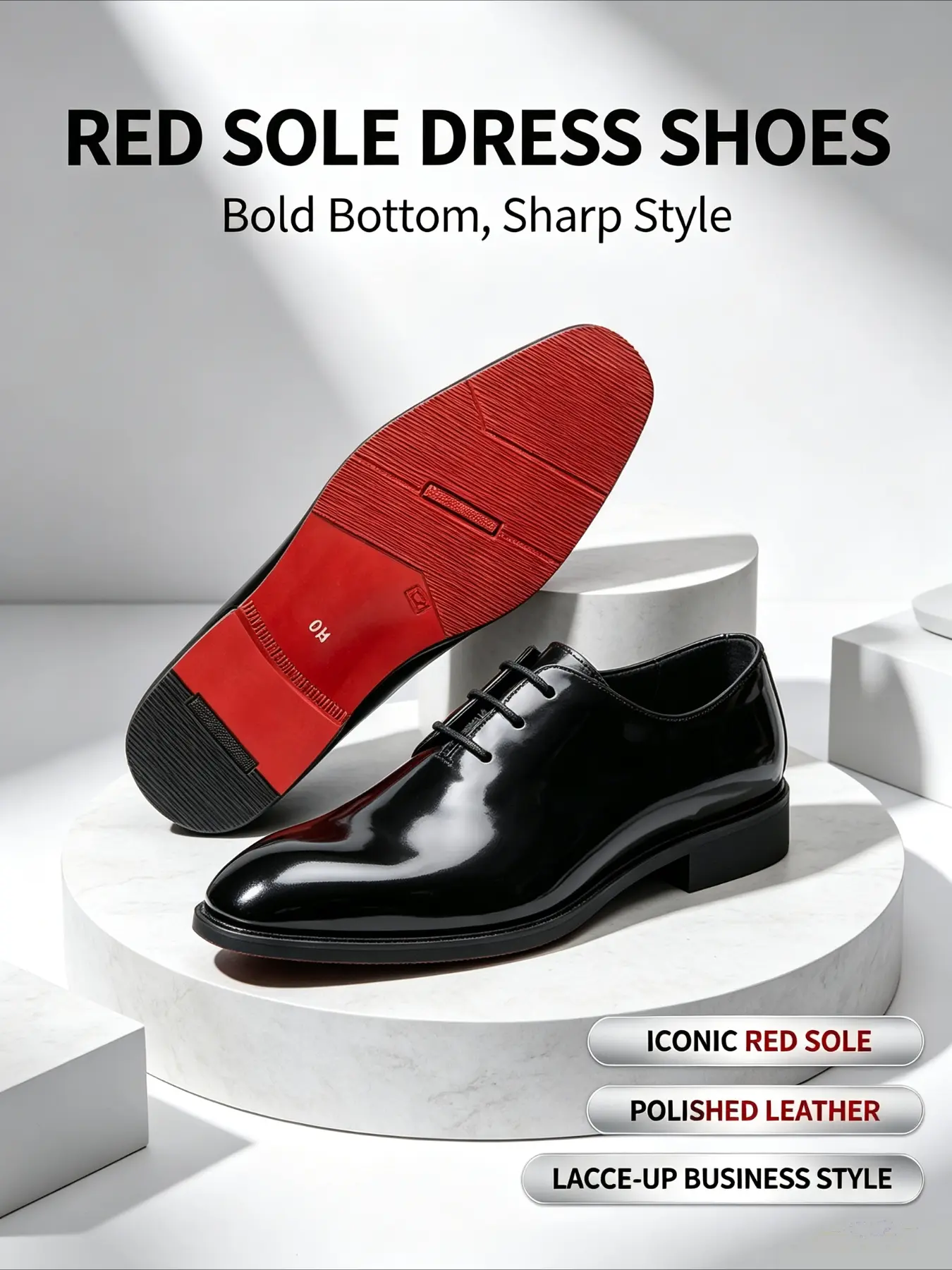 Red Sole Men’s Shoes Glossy Black Patent Lace-Up Dress Shoes, 3-Eyelet Plain Toe Formal Shoes with Red Sole for Wedding, Business, Office & Party
