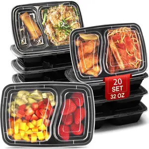 10 packs of 32 oz (approx.947.2 ml) meal preparation containers, 2 compartment food containers with lids, microwaveable containers, eco-friendly reusable bento lunch boxes, black plastic containers for lunch