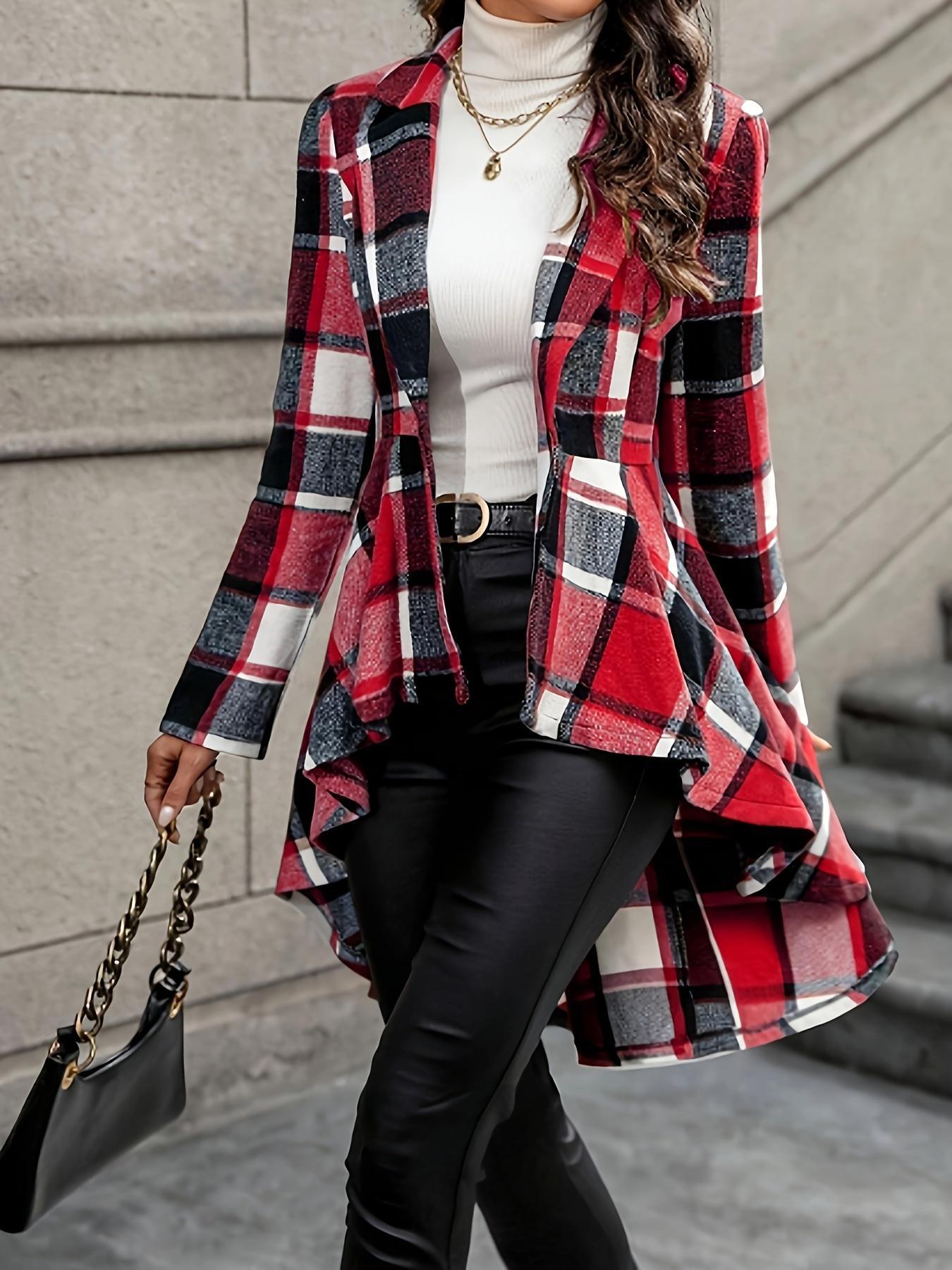 Women's Plaid Print Button High Low Hem Fitted Jacket Coats, Casual Long Sleeve Lapel Neck Open Front Outerwear for Fall & Winter, Ladies Clothes for Daily Wear, Womenswear