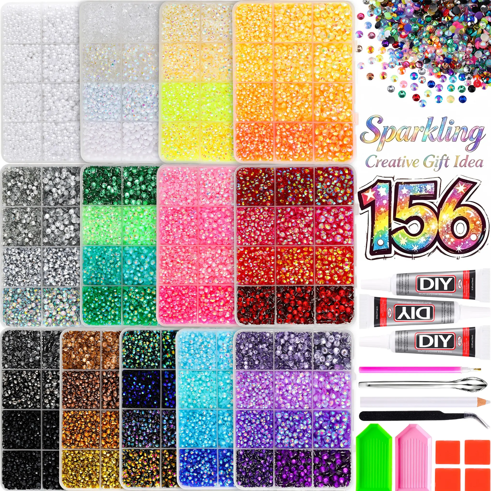 1Set New Creative Colors Glitter Jelly Nail Rhinestone Bedazzled Kit-156 Colors 3mm Virbant Semi-circular Flatback Resin Gems Diamond Art DIY Nails Accessories