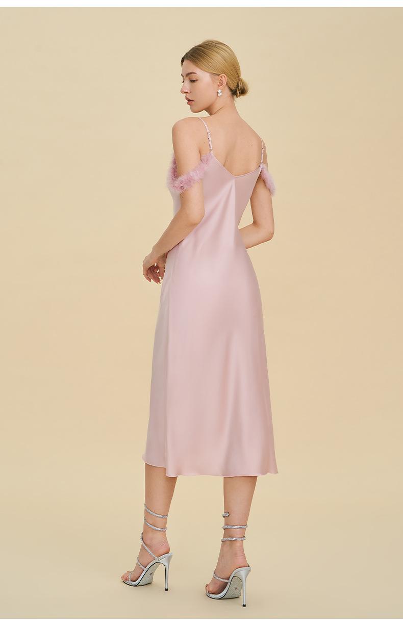 Sexy nightgown with straps, Russian cross-border one-shoulder dress, faux acetate nightgown, light luxury bridesmaid gift, strap dress, sexy off-shoulder feather-trimmed satin long dress, spicy girl style slim-fit bodycon dress