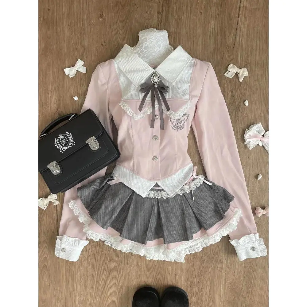 Spring Y2K Princess Outfits Women 2 Piece Sets Sweet Kawaii Bow Tops + Lace Pleated Skirt Female Retro Chic Preppy Style Clothes
