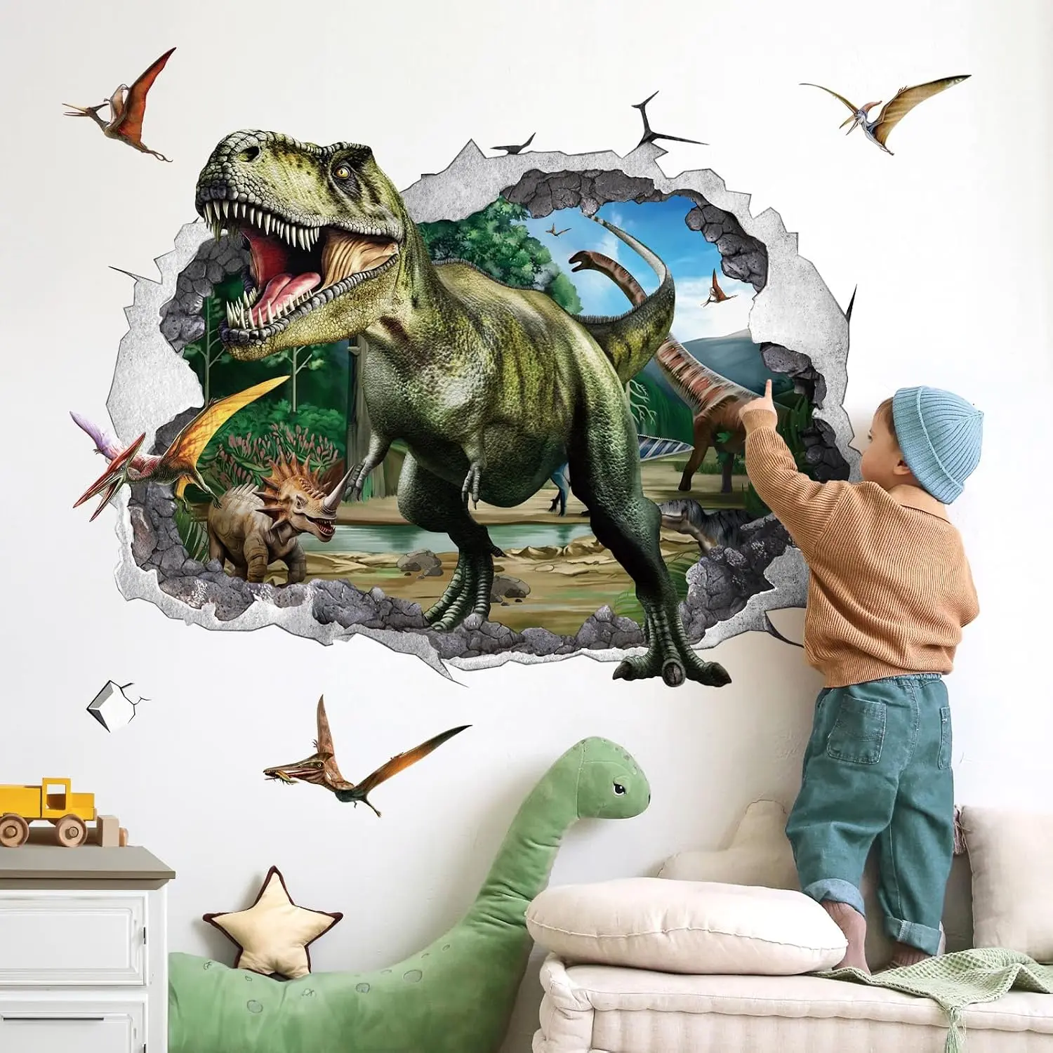 3D Large Dinosaur Wall Stickers Dino Crack Hole Dinosaur Animal Peel and Stick Wall Art Decals for Boys Room Baby Nursery Kids Bedroom