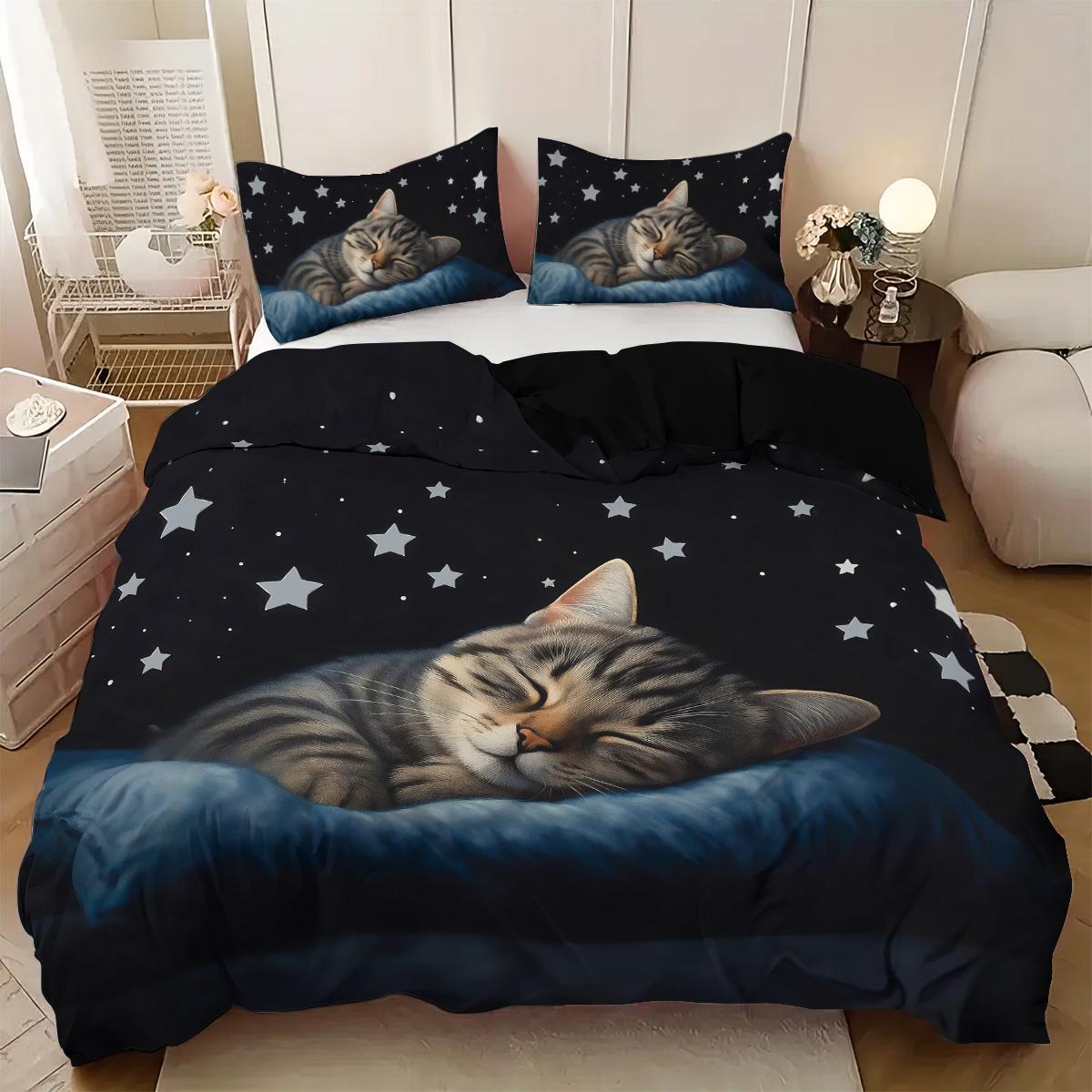 3pcs Cat sleeping pattern printed bedding set, 1 quilt cover and 2 pillowcases, breathable polyester fiber, suitable for all seasons, suitable for teenagers and adults' bedrooms, home decoration, Soft Bedding Set