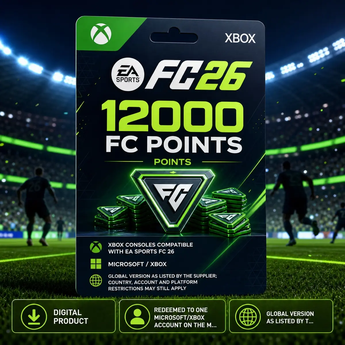 EA SPORTS FC 26 — 12000 FC Points Digital Code for Xbox, Points, Xbox consoles compatible with EA SPORTS FC 26, Microsoft / Xbox, Global version as listed by the supplier