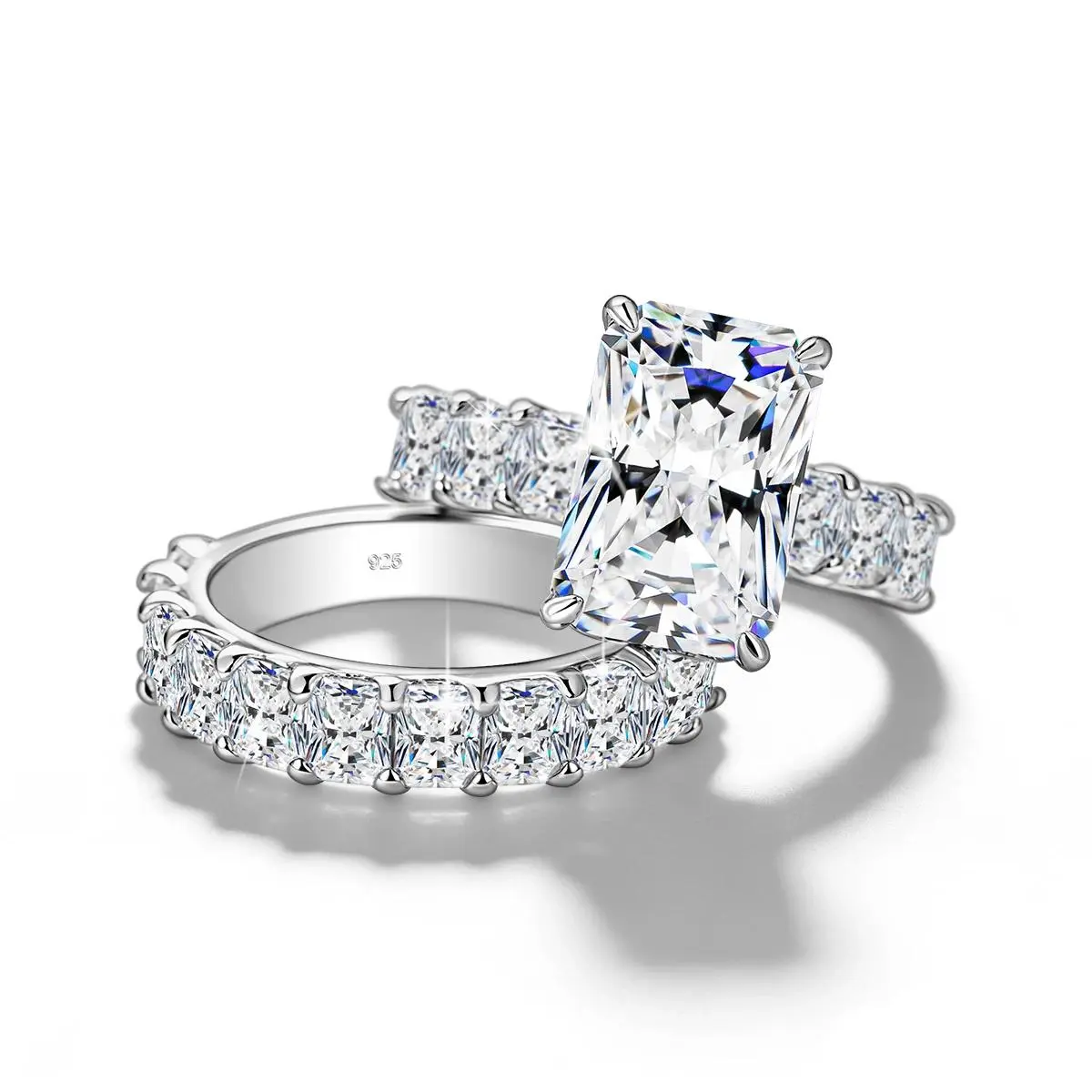Women's 2-Piece 2026 Sparkling Engagement Style Rings Set - S925 Sterling Silver Rectangular-Cut Cubic Zirconia 4-Fork Main Stone Ring, Fully Laid Eternal Stacking Band, Romantic Synthetic Diamond Luxurious Female Bride Jewelry with Beautiful Gift Box