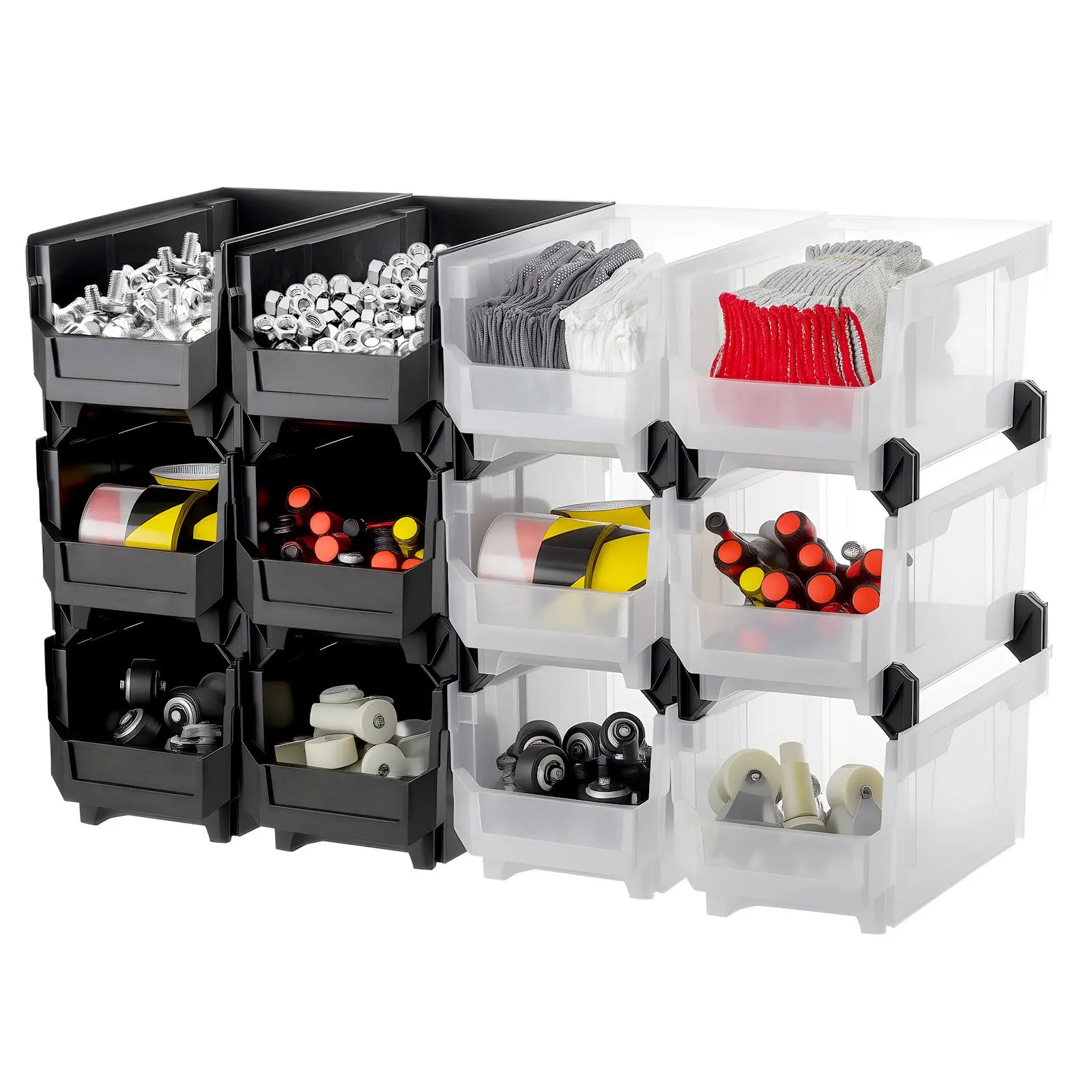 VEVOR Plastic Stackable Storage Bins, 14.8x 8.5x 7.1 inch (12 Pack), Plastic Containers for Organizing Storage Bins for Garage, Small Parts, Office Supplies, Other Accessories, Black Transparent