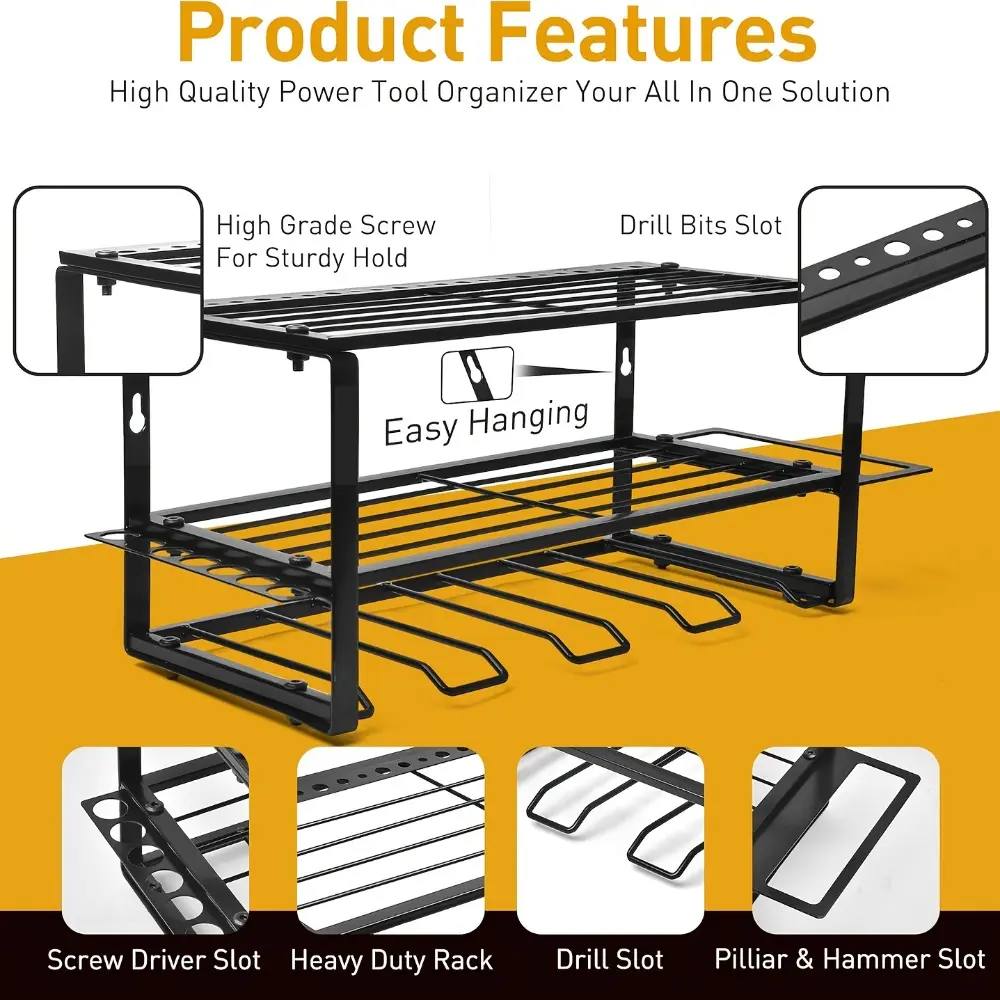 Heavy Duty Metal Wall Mount Power Tool Organizer Rack, Powder Coated Iron 2 Tier Storage Shelf with Screwdriver & Hammer Holders, Garage Tool Storage Gift for Men Father's Day