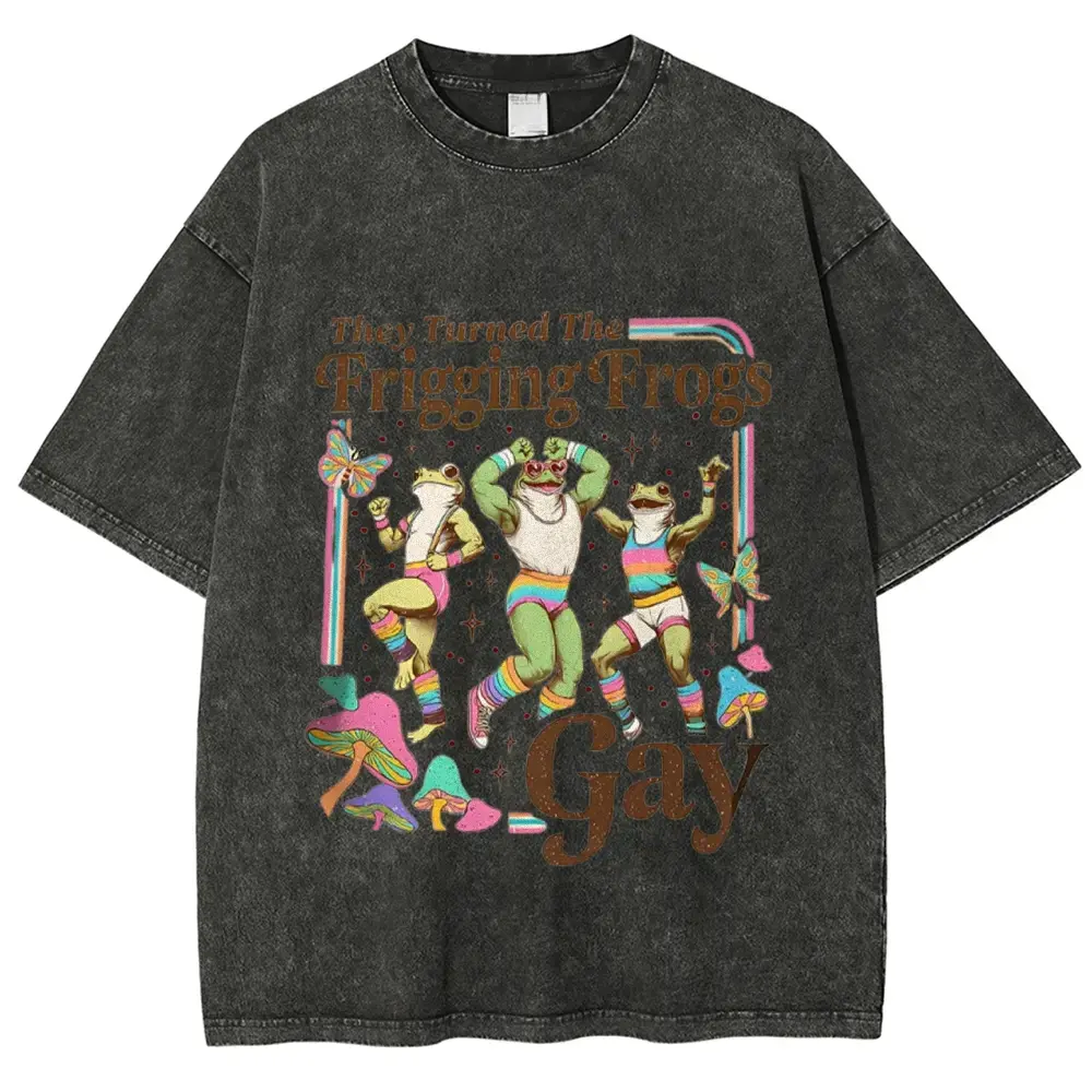 Gay Pride LGBTQ+ Cotton T-Shirt - 70s Vintage Relaxed Cut Froggy Graphic Tee, Machine Washable for Hiking & Light Outdoor Sports Tops, Cotton Tee