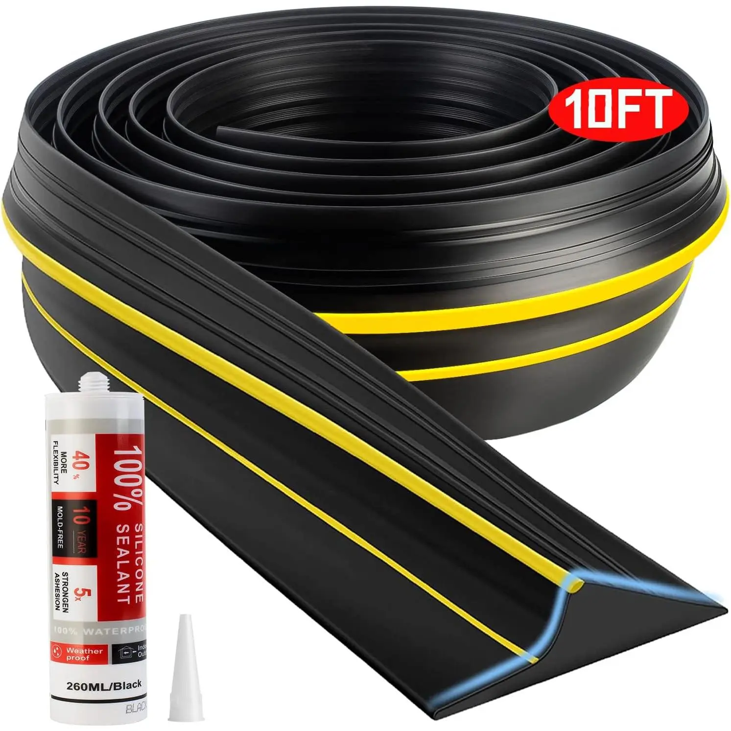 10FT Garage Door Threshold Seal Kit - Synthetic Rubber Weather Stripping for Concrete/Asphalt, Adhesive Backed with Anti-Slip Ridges for DIY Users (Yellow, 1 Piece)