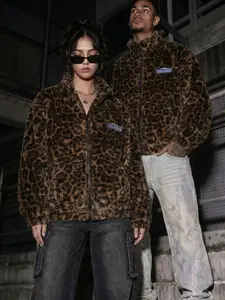 Trendy Leopard Print Faux Fur Stand Collar Jacket, Embroidered Patched Lined Warm Outerwear, Unisex Street Style Versatile Top