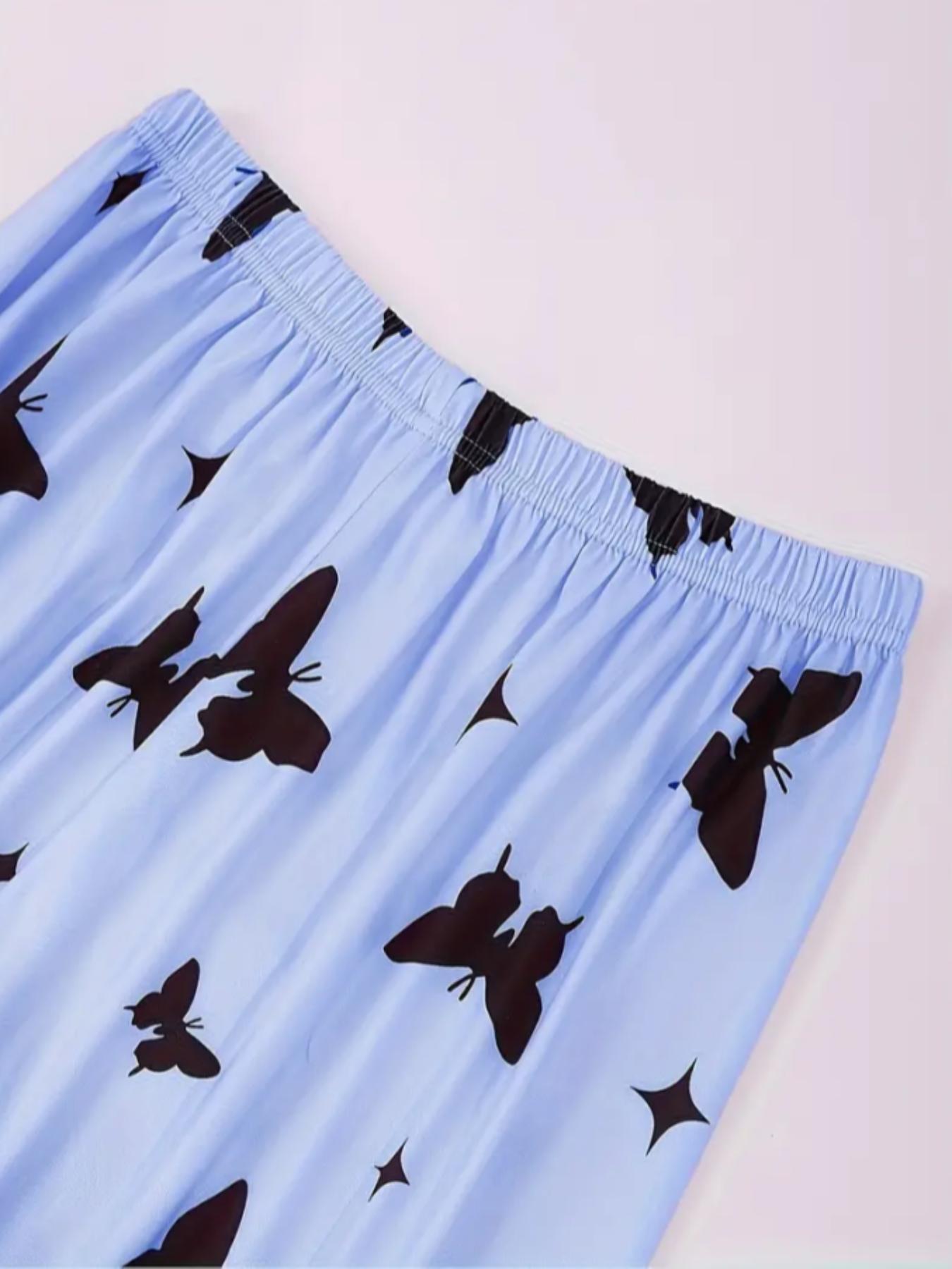 Women's Heart & Butterfly Print Pyjama Set, Comfy Fitted T-shirt & Elastic Waist Trousers Set, Women's Sleepwear for All Seasons