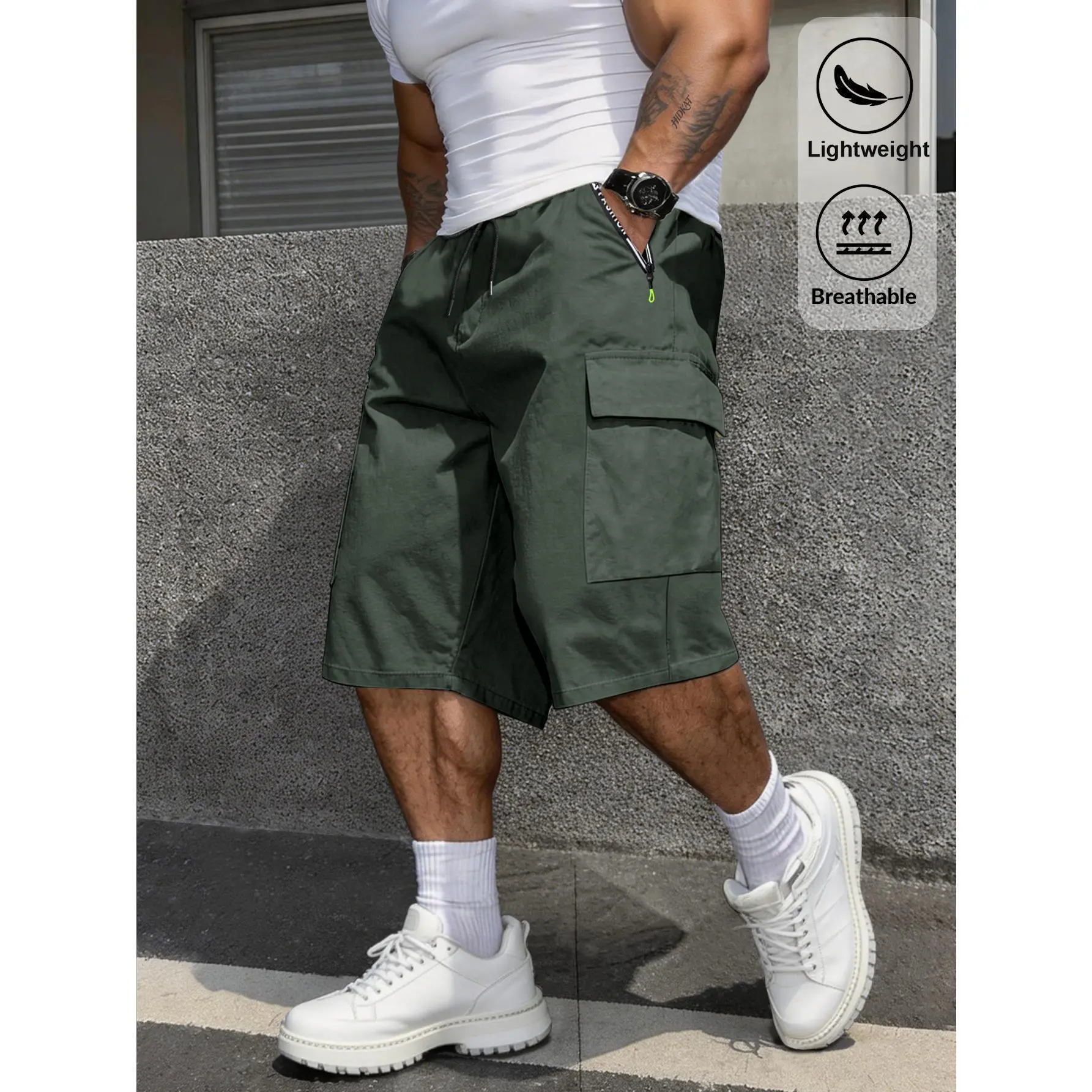 Men's Workwear Shorts with Elastic Waist Drawstring, Double-sided Zipper Pockets, Lightweight and Breathable, Suitable for Summer Leisure, Outdoor Fishing, Hiking, and Work Shorts