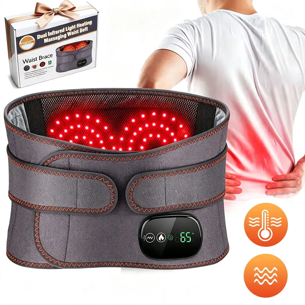 Cordless Red Light Heating Massage Waist Belt, Wearable Lumbar Support Band, 3 Heat & Vibration Modes, with Extension Strap for Muscle Relaxation, 5000mAh Battery Operated Heating Wrap for Back, Waist, Lumbar & Abdomen