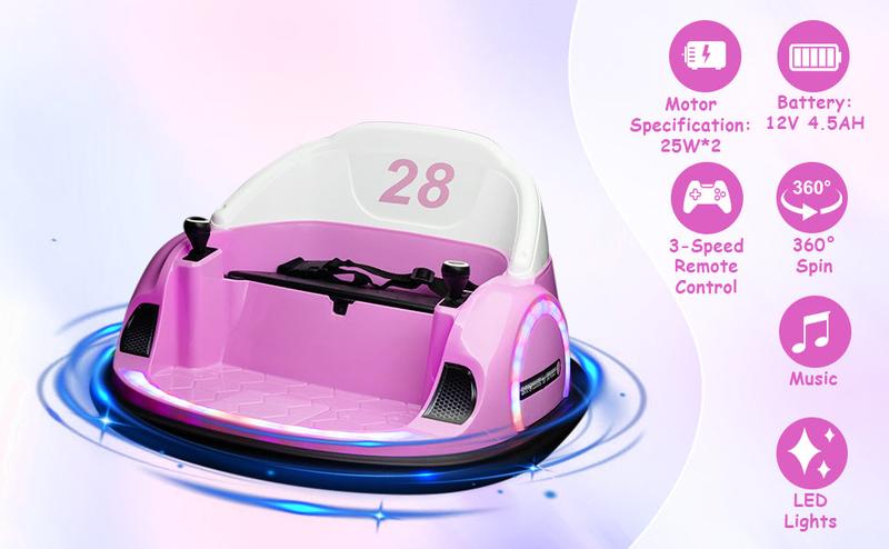 GARVEE 12V Electric Ride-On Bumper Car for Toddlers and Young Children with Remote Control, Battery Display, 360° Spin, LED Lights, Music, MP3, USB, Available in Multiple Colors Including Pink, Orange, Green, Blue, and Red