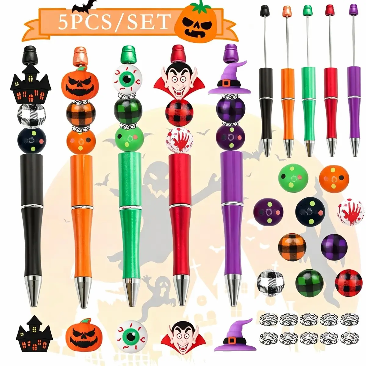 5 Sets Halloween Beadable Pens DIY Pen Making Kit with Bubblegum Beads Silicone Focal Beads - Craft Beads Charms Ballpoint Pens for Halloween