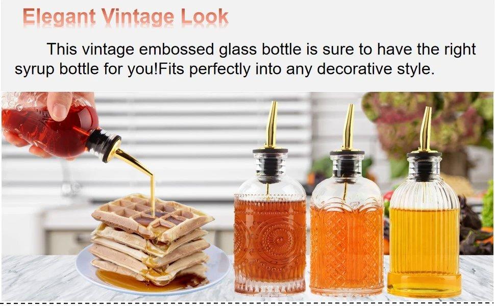 THE WELL KEPT 4 pcs Glass Coffee Syrup Dispenser,7oz Simple Glass Syrup Bottle Set,Coffee Bar Accessories with Metal Pour Spout Ideal and labels for Coffee Syrups,Coffee bar