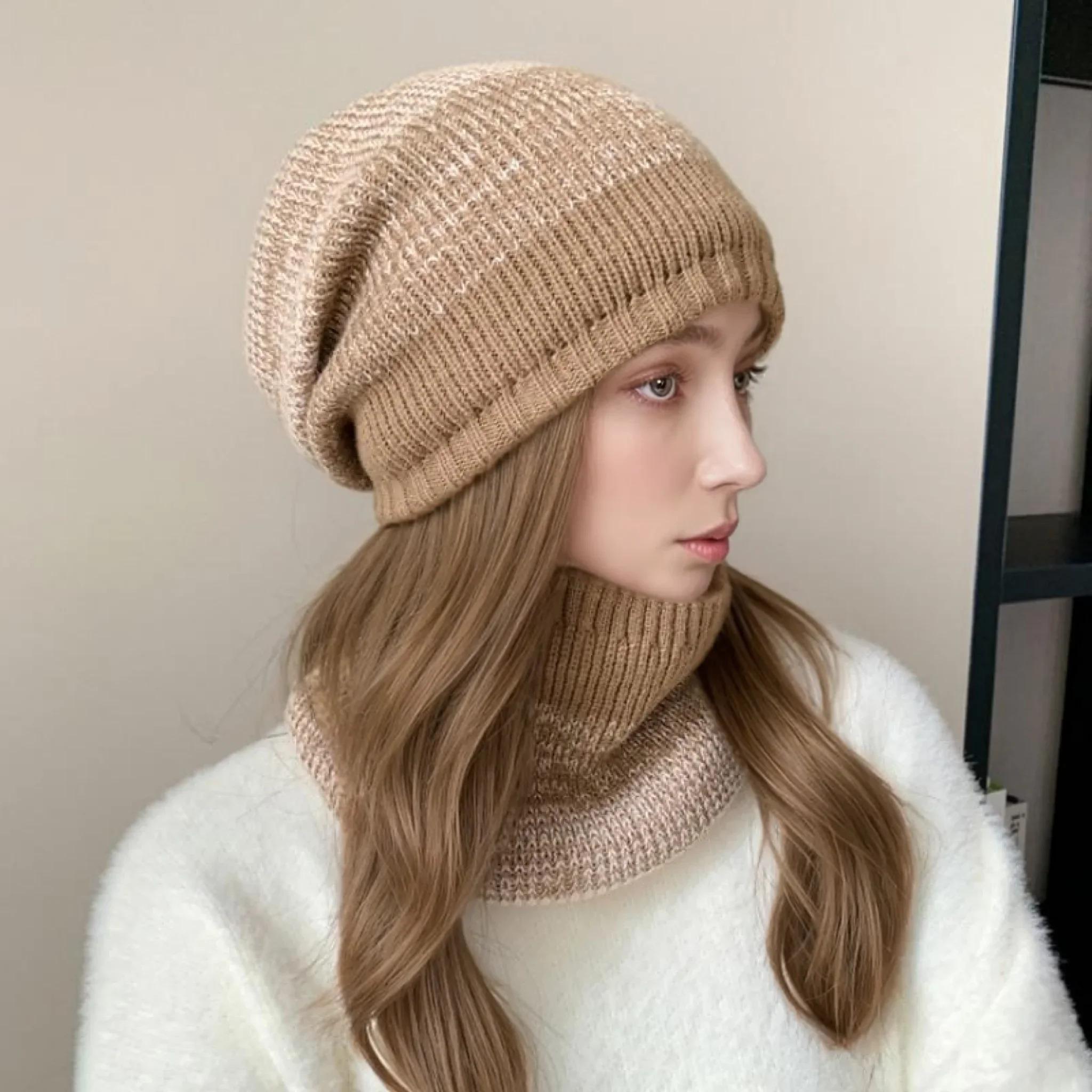 Hot Sale Plush Fur Lined Warm Winter Hats Stylish Gradient Color Beanie Hats For Women Fashion Outdoor Slouchy Ski Warm Set