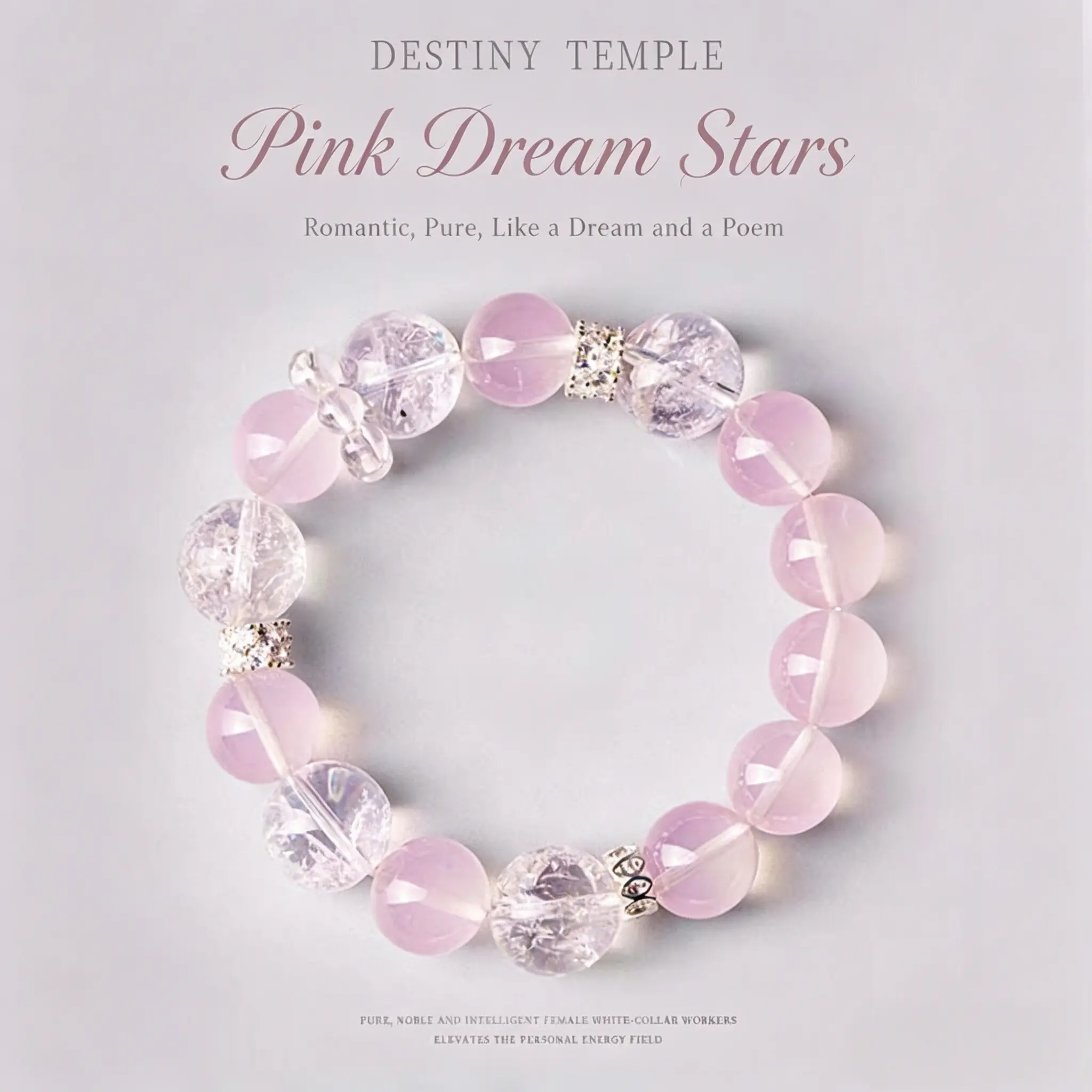 「Pink Dream Starry」Original Design 12mm Mixed Star Rose Quartz & Clear Quartz Beaded Bracelet | Elegant Soft Tone Fashion Wrist Jewelry for Women