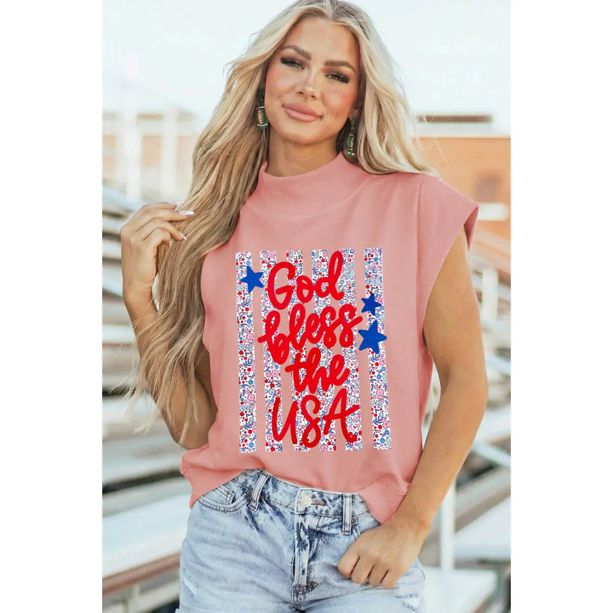 Women's High Neck Tunic Top, Casual Shortsleeve Modest Cotton Blend Blouse with Floral American Flag Print, Comfortable, Tshirt, Floral Lettering, Fit