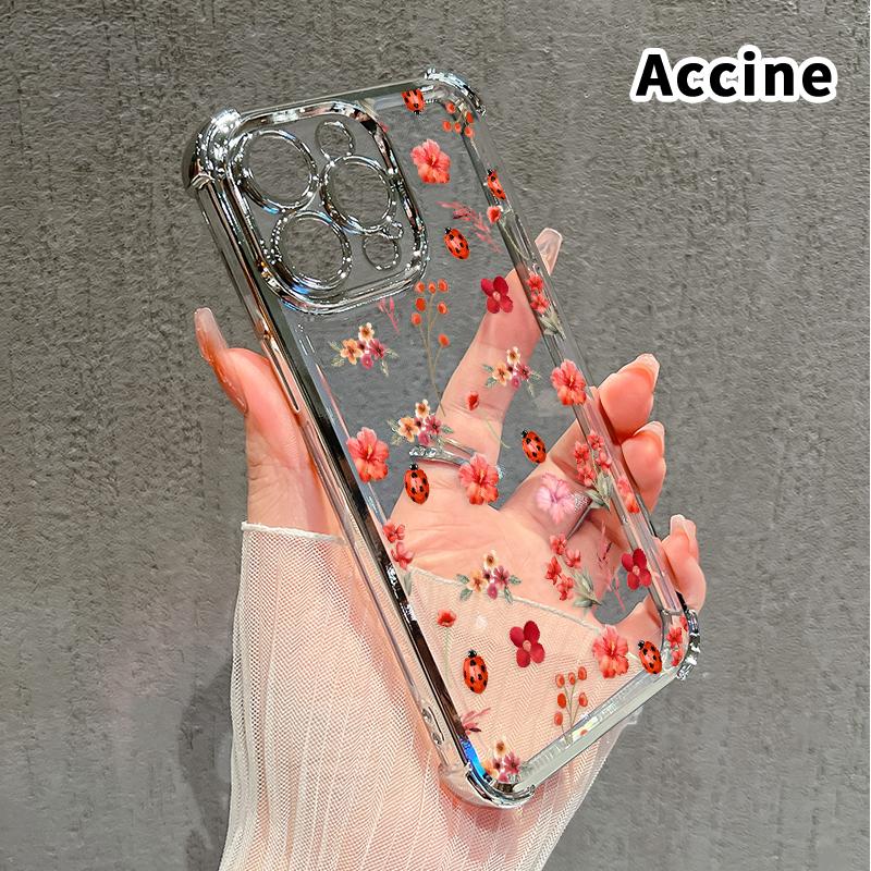 Floral Ladybug Symphony Pattern Four Corner Anti-Fall Phone Case Transparent Electroplated Protective Cover for iPhone 16 Pro Max 15 Plus 14 13 12 11 E