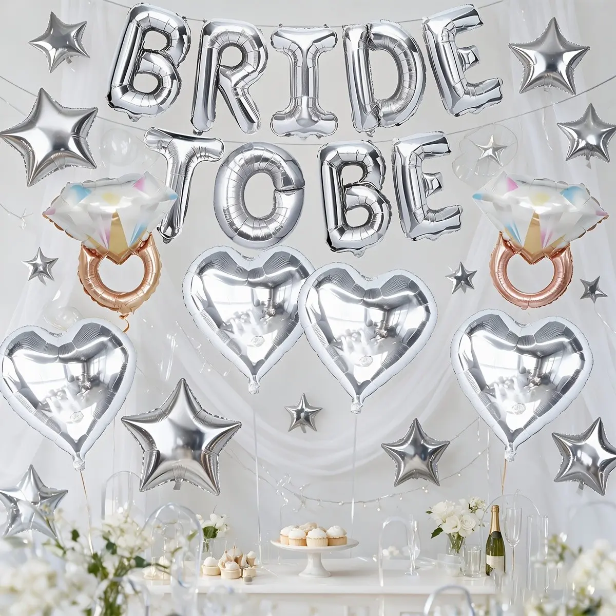 17-Piece Silver Bridal Wedding Balloon Set (9 bridal banner balloons + 4 heart-shaped balloons + 2 diamond ring balloons + 1 ribbon + 1 straw), perfect for decorating bachelorette parties, proposals, engagements, and bridal gift parties