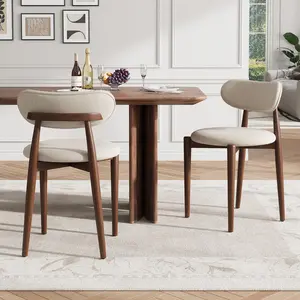Set of 2 Modern Wooden Dining Chairs – Creamy White Upholstered Seats – Sturdy Wood Legs – Farmhouse Style for Dining Room or Vanity – Classic Creamy White/Walnut Finish