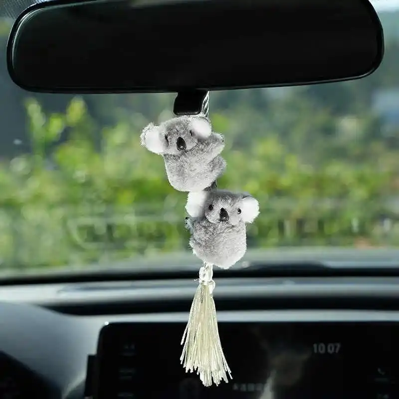 High-Quality Plush Koala Duo Car Hanging Ornament - 50cm Cable Length Rear View Mirror Decor with Tassel Pendants, Tool-Free Strap, Automotive Interior Decoration for Friends