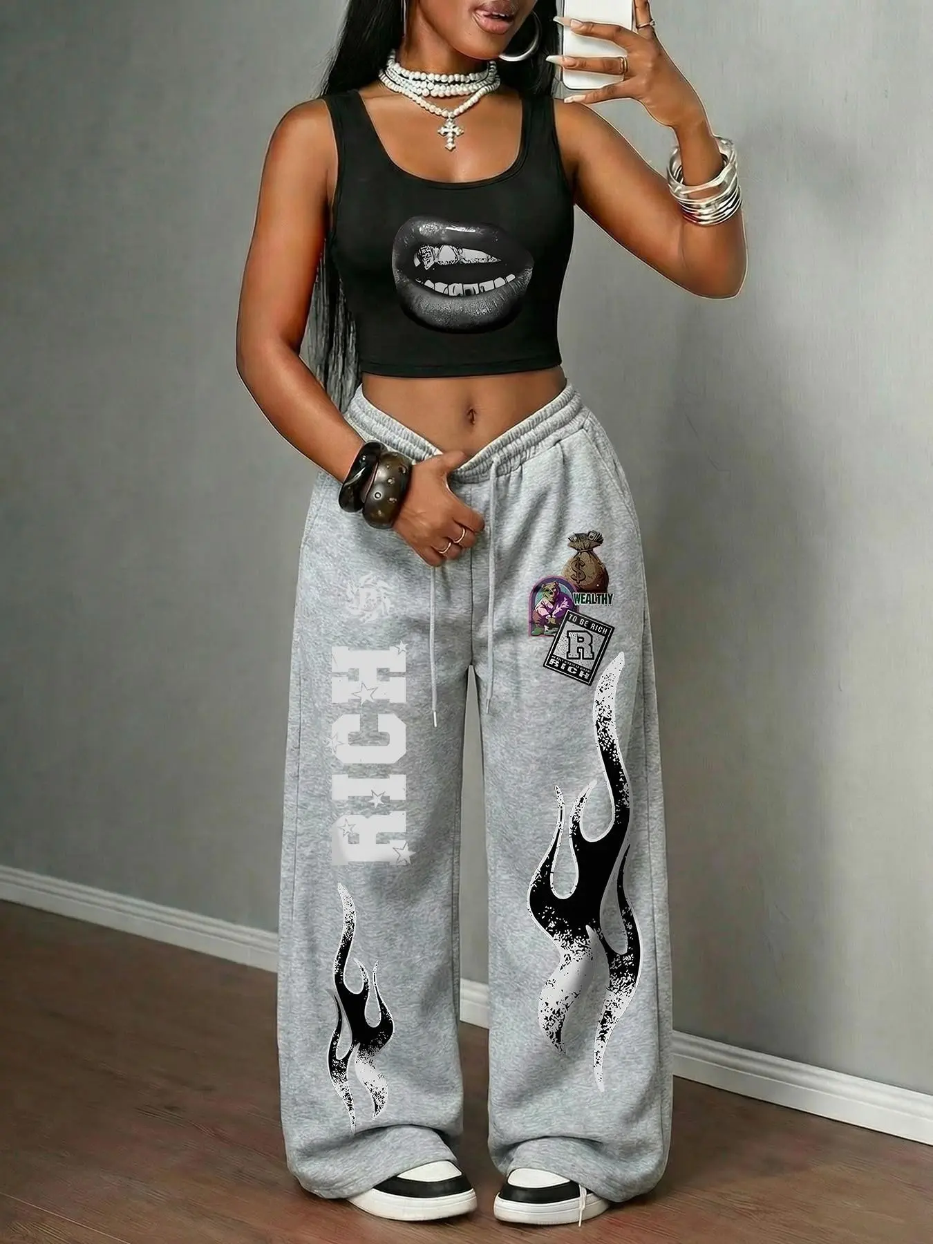 Women's Casual Streetwear Set, Tight Sleeveless Crop Top and Straight Leg Baggy Pants, Cartoon Girl Headprint, Flame Graffiti Print
