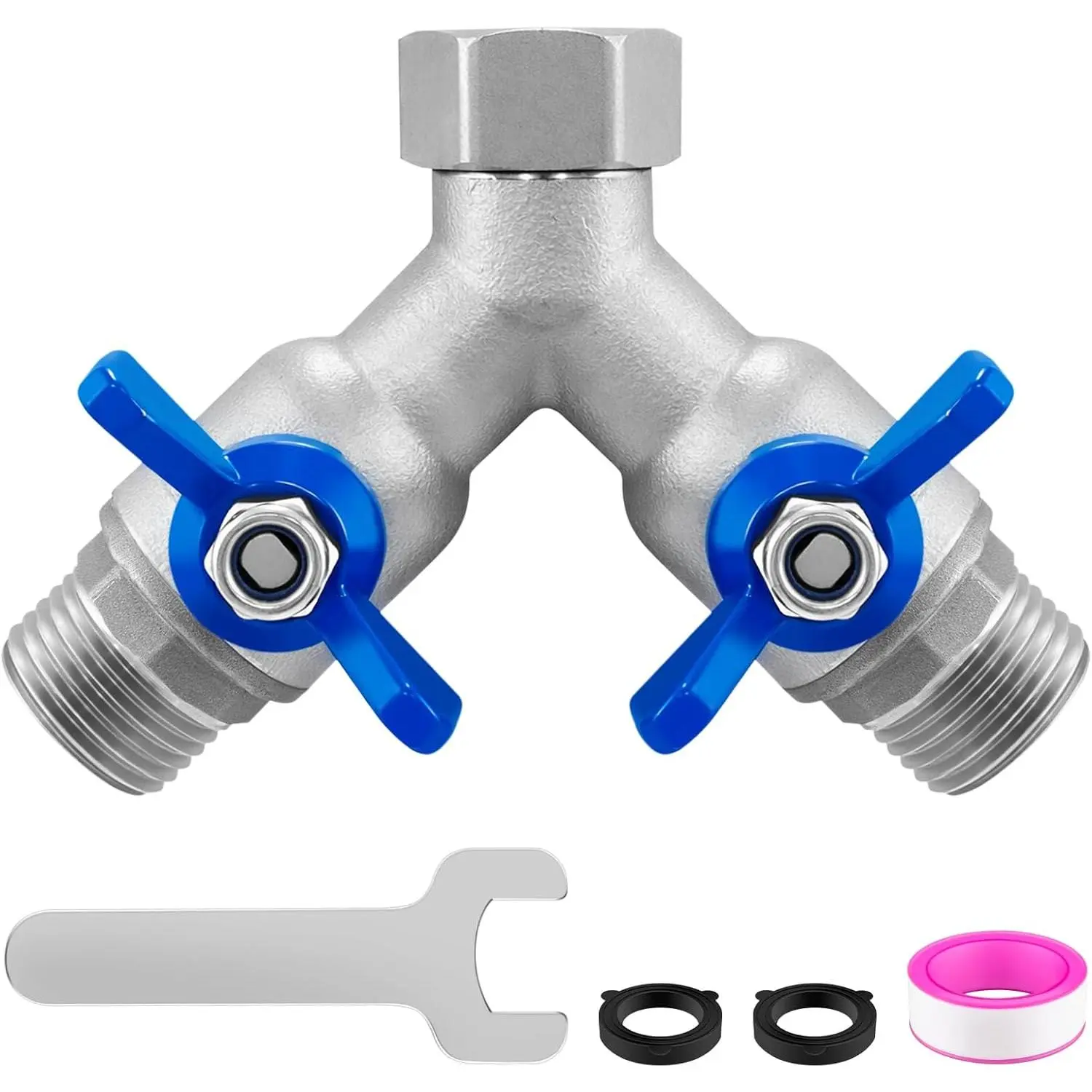 304 Stainless Steel Garden Hose Splitter 2 Way, Heavy Duty 3/4" GHT Y Hose Splitter with Shut-Off Valves, Full Flow Outdoor Faucet Connector with Wrench