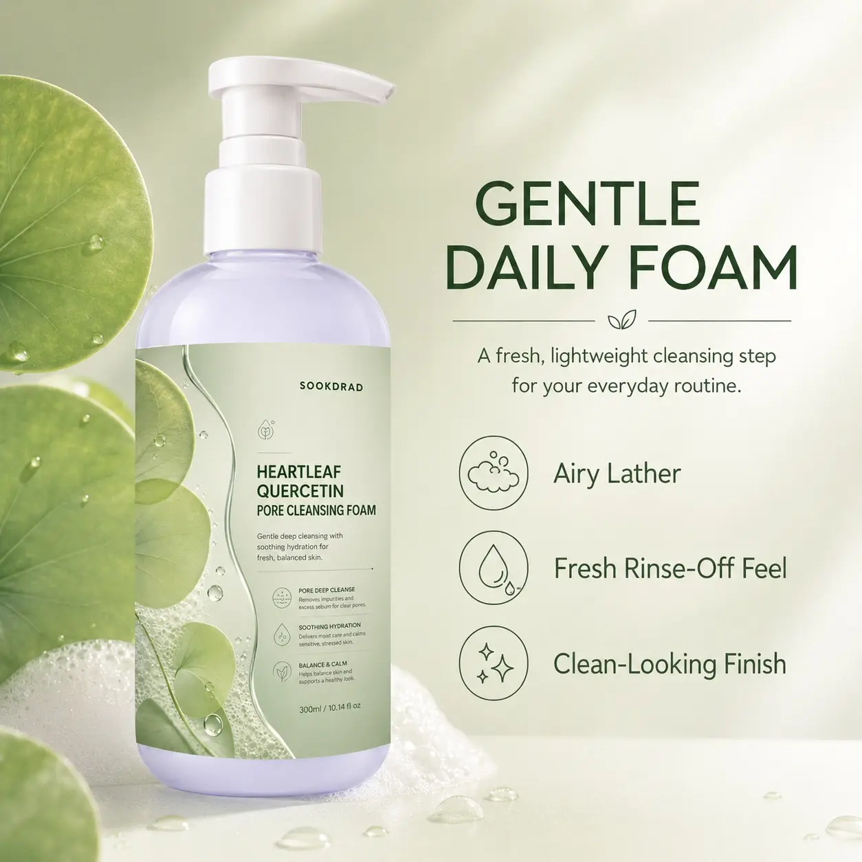 Heartleaf Quercetin Pore Cleansing Foam, deep pore cleansing, soothing hydration, balance skin, sensitive stressed skin, facial cleansing, 300ml/10.14fl oz