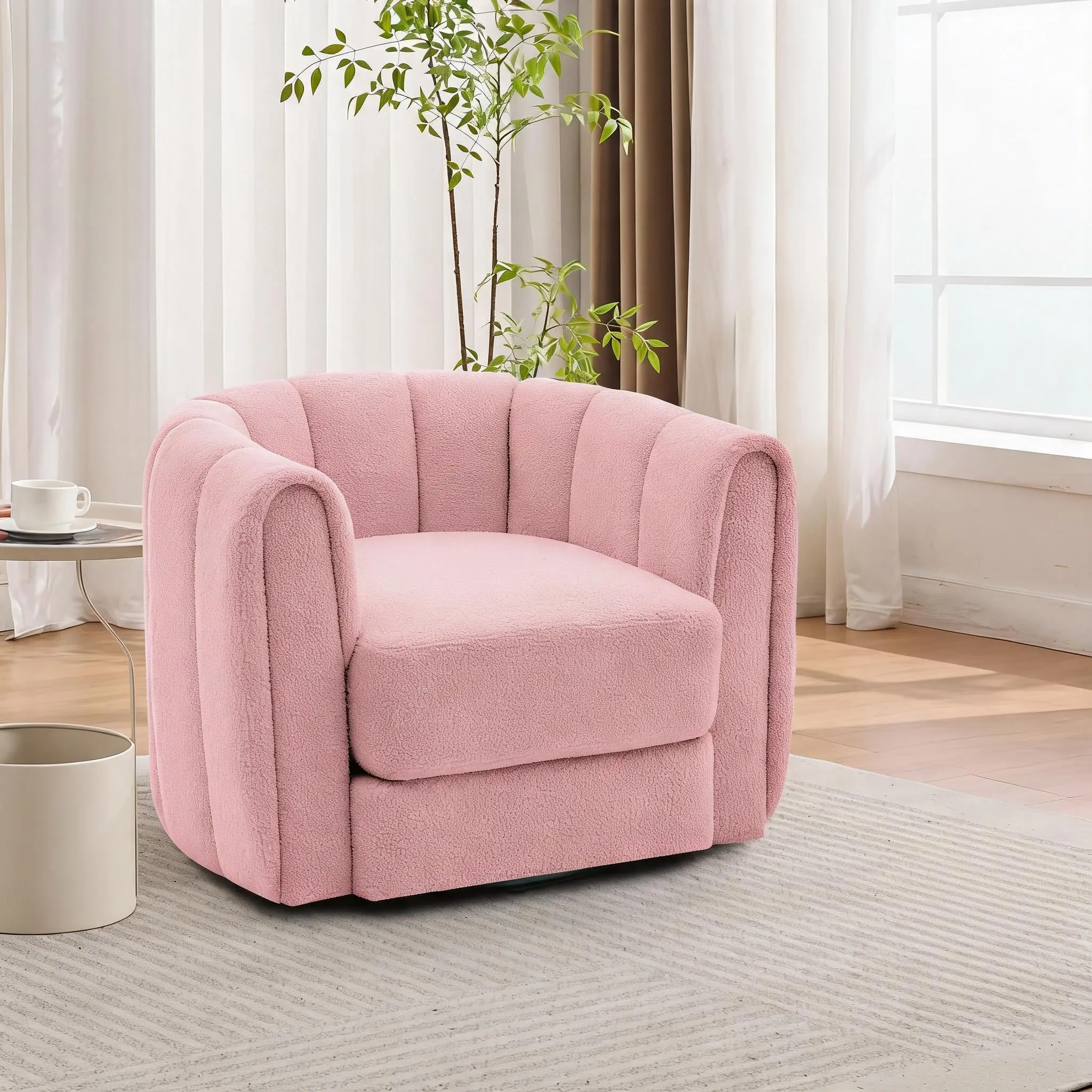 360° Swivel Barrel Shape Comfy Accent Chair - Modern Soft Stuffed Fleece Upholstered Chair - Spacious Base Durable Seating - Indoor Furniture for Living Room, Bedroom, Swivel Accent Chairs