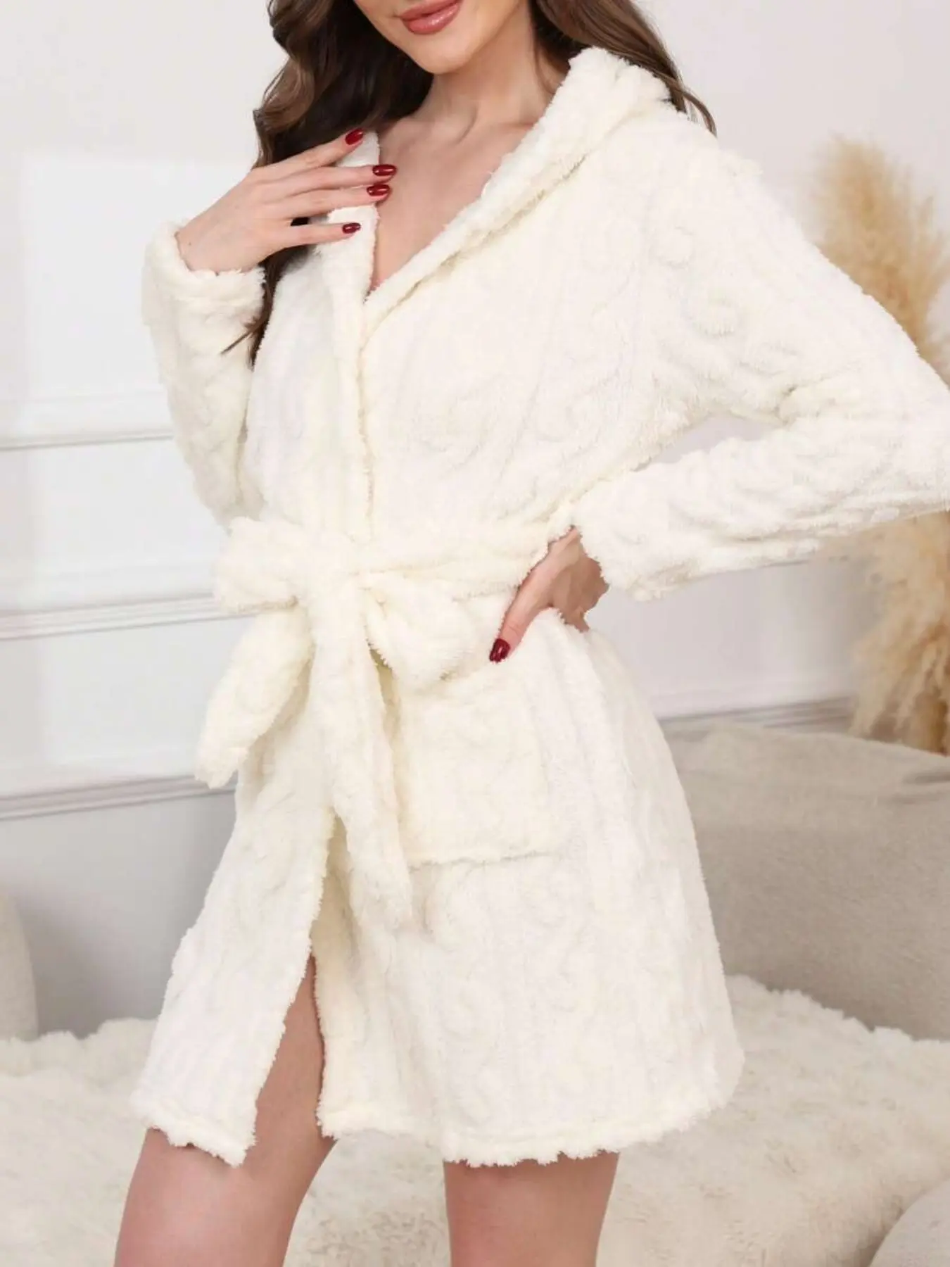 Women's Solid Color Ribbed Sleep Robe Loungewear, Minimalist Tie-Back Nightgown Bathrobe, Suitable for Spring/autumn/winter, Fall Season