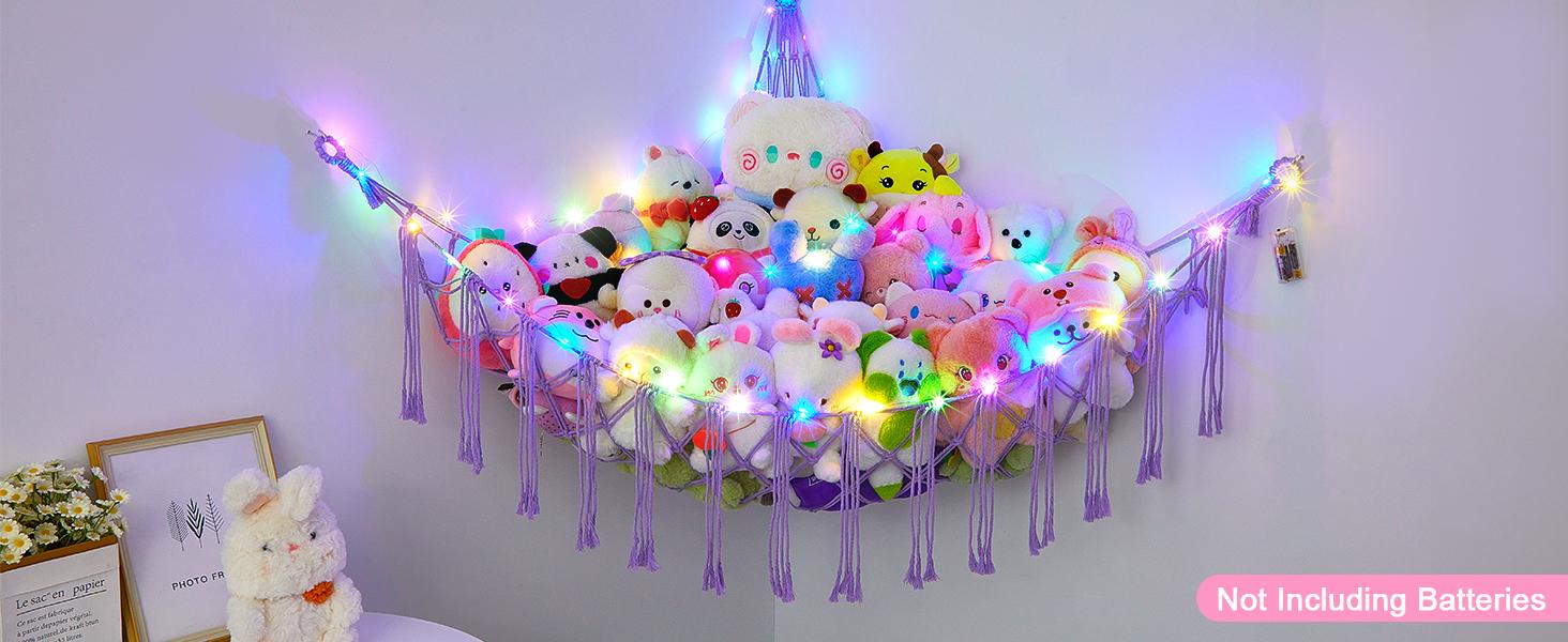 Basumee Stuffed Animals Net or Hammock with LED Light, Hanging Stuffed Animals Storage Toy Hammock Net Corner Wall Girls Room Decor Toy Storage Organizer, Pink, XL