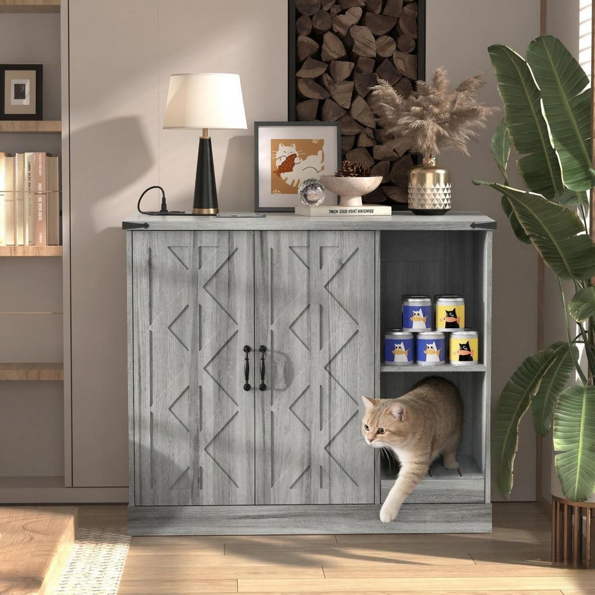 Cat Litter Box Cabinet with Power Outlet, Modern Litter Box Furniture for Large Automatic Litter Boxes, Hidden Litter Box Enclosure with Litter Catcher, Adjustable Storage Shelves, Gray