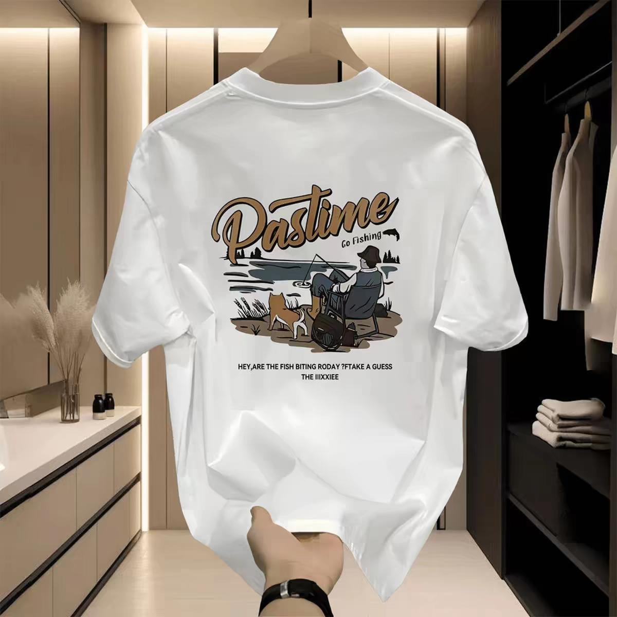 "Pastime Go Fishing Vintage Illustration T - Shirt – Retro Angler & Dog Graphic Tee with 'Hey Are The Fish Going Roony?Take A Guess The Inlovee' Slogan, Black Casual Streetwear for Men & Women"