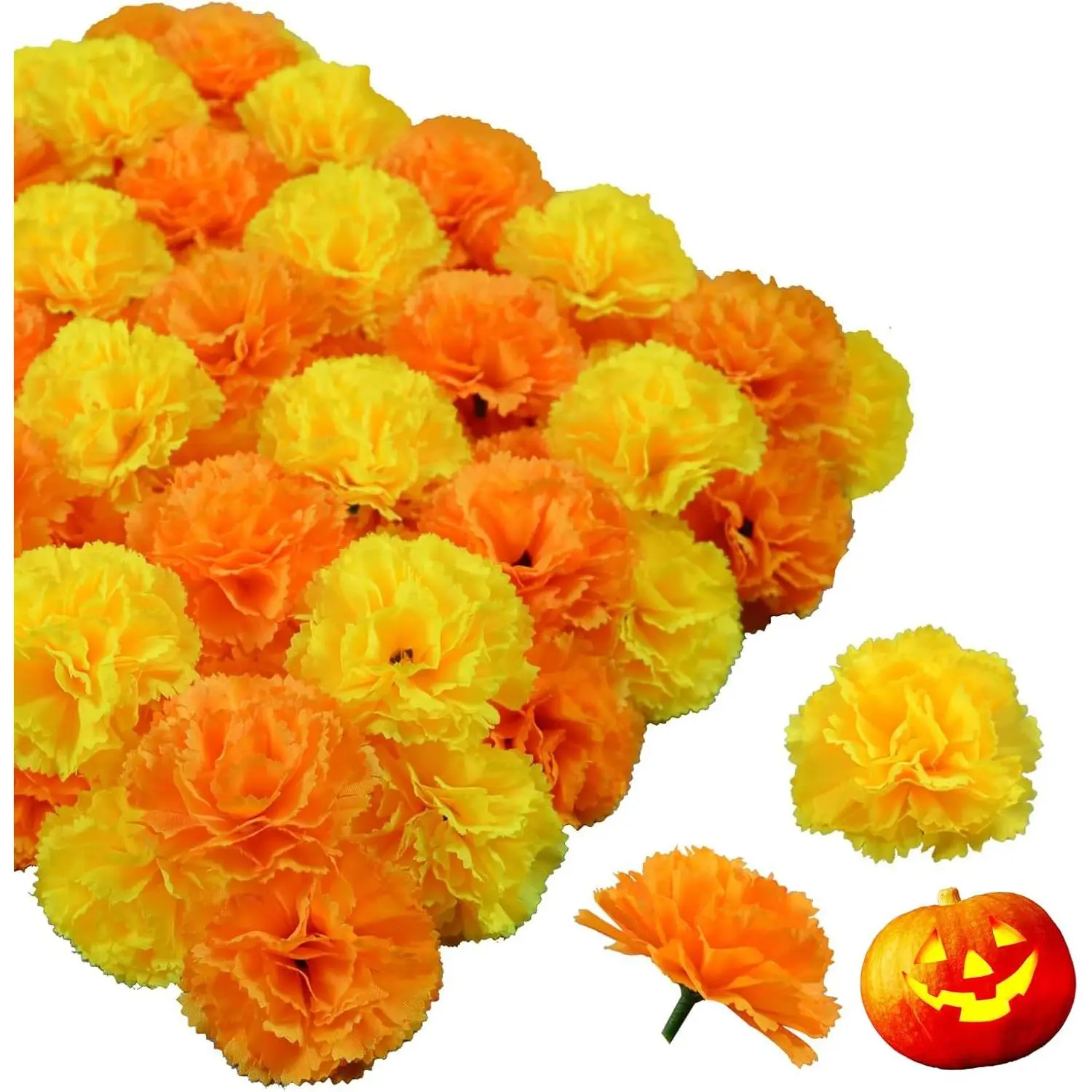 50Pcs Artificial Marigold Flower, Orange & Yellow Marigold Flower Heads Bulk with Stem, Silk Artificial Flower DIY Decor for Halloween, Diwali, Day of The Dead, Mexican Party, Home Decor -Multicolour| Faux Silk Artificial Mini Flower for DIY Garland Craft