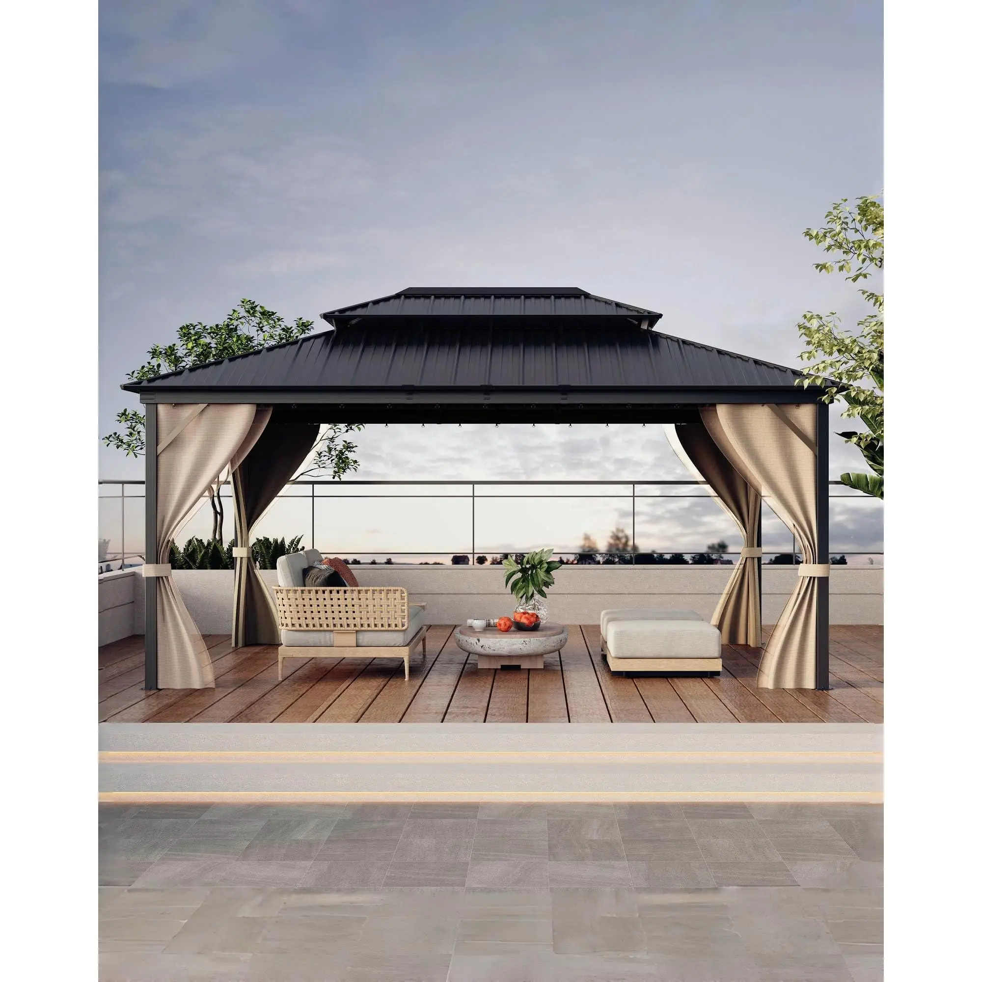 12x16 ft Flat Top Hardtop Gazebo - Double Galvanized Steel Roof, Heavy-Duty Aluminum Frame, Waterproof Sunshade Pavilion with Mosquito Net, Privacy Curtains, Ceiling Hooks - Matte Finish Permanent Outdoor Living Patio Shelter