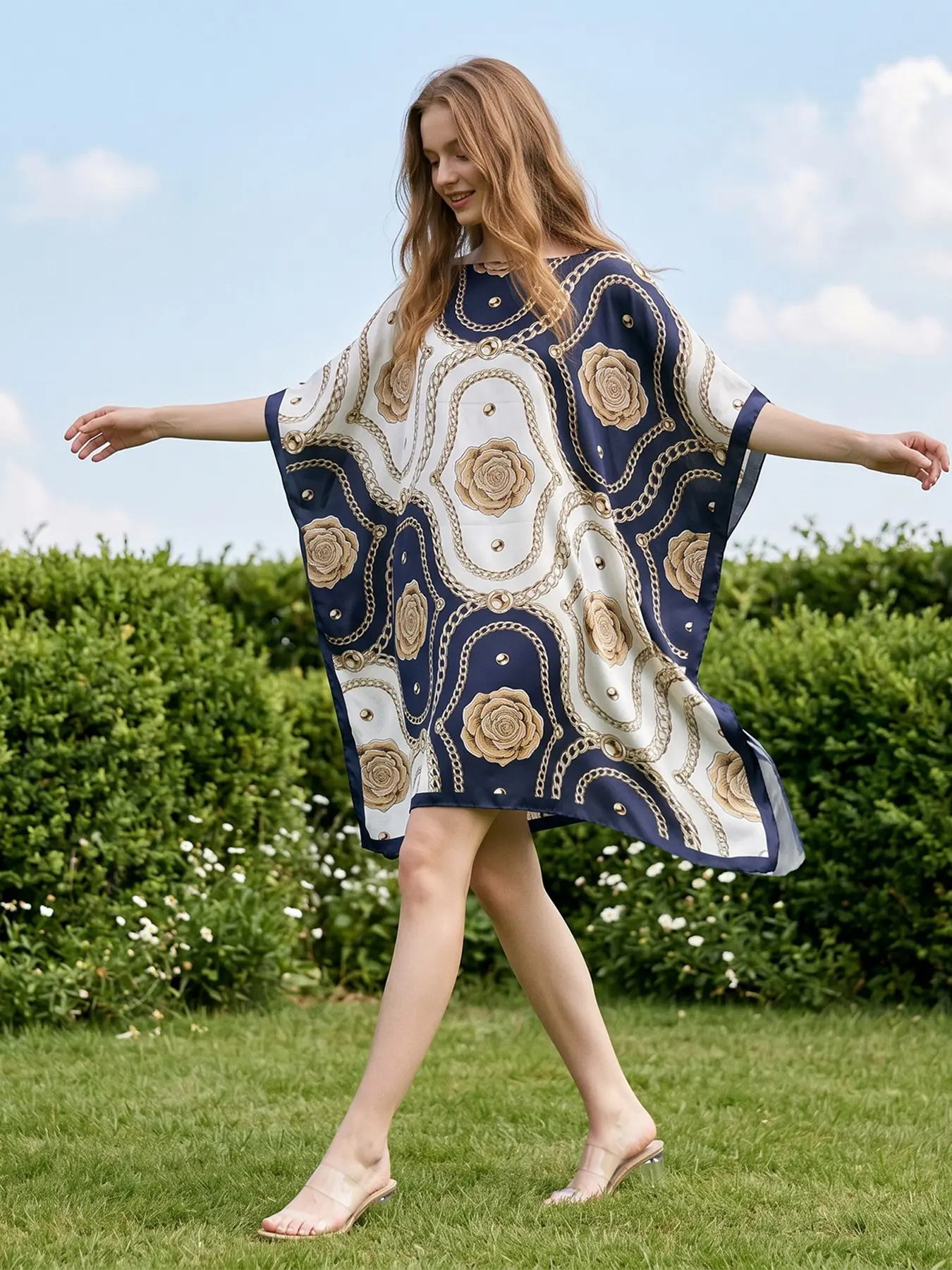 Silk Feeling Chain Print Kaftan Dress Oversized Luxury Resort Wear Luxury Baroque Rose Printed Loose Fit Beach Cover Up Tunic Dress