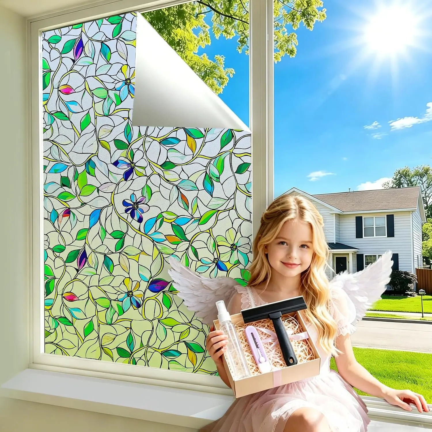 Upgraded Window  Film Day & Night, Heat Blocking Anti-UV  | Static Cling Stained Glass Decor, Removable & , Anti-Glare, Renter Friendly for Front Door,Bathroom & ,17.5"x78.5"