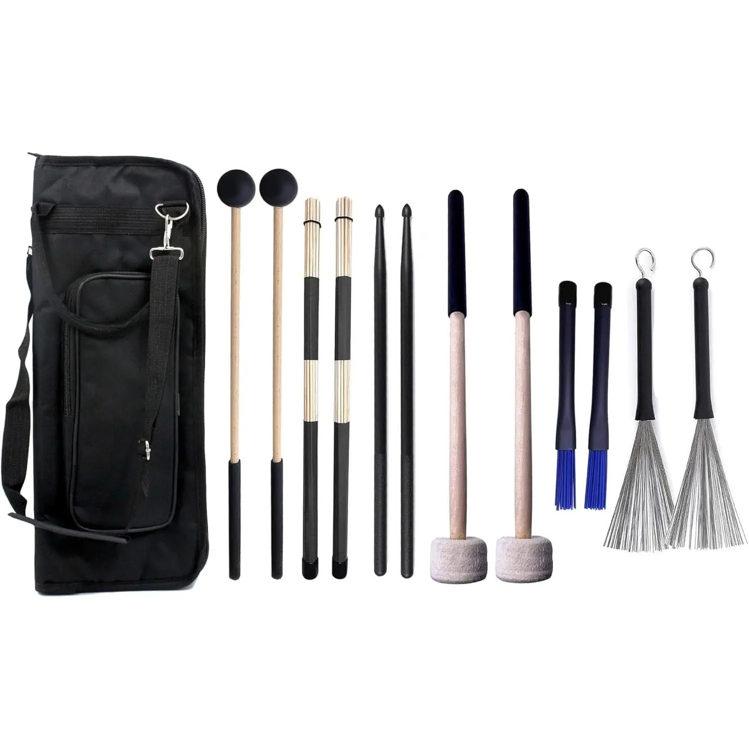 Large Drum Sticks Bag with 6 Pair Drum Stick and Mallet Set Nylon Drum Sticks,  Jazz Drum sticks, Retractable Drum Wire Brushes, Bass Drum Mallet for Jazz Folk Rock Band Drummers