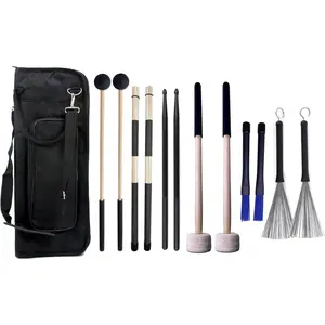 Large Drum Sticks Bag with 6 Pair Drum Stick and Mallet Set Nylon Drum Sticks,  Jazz Drum sticks, Retractable Drum Wire Brushes, Bass Drum Mallet for Jazz Folk Rock Band Drummers