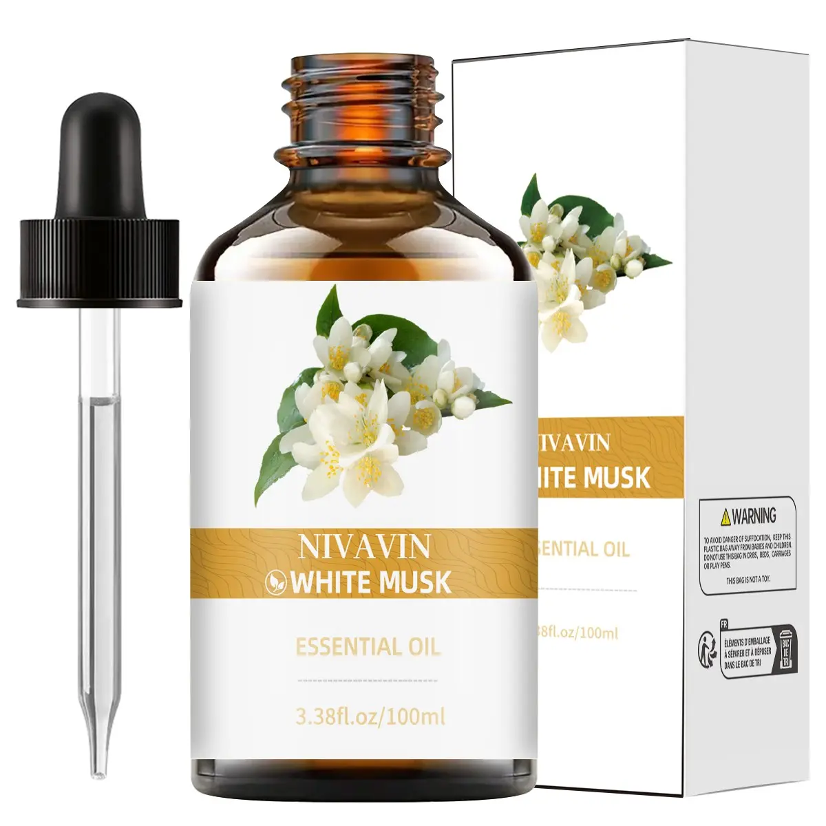 NIVAVIN White Musk Essential Oil 100ml, Aromatherapy, 100% pure plant extract. It invigorates, aids sleep, soothes, and relaxes, with a fragrance. Suitable for use in various settings, including home