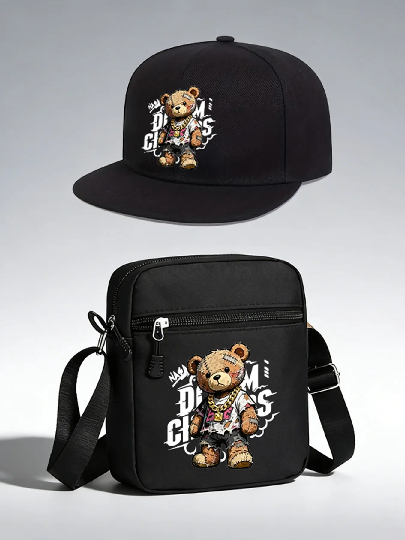 Trendy Bear Print Neutral Bucket Hat and Crossbody Bag Set, Adjustable Street Fashion Outdoor Sports Hat and Shoulder Bag, Perfect for Daily Wear and Gifts
